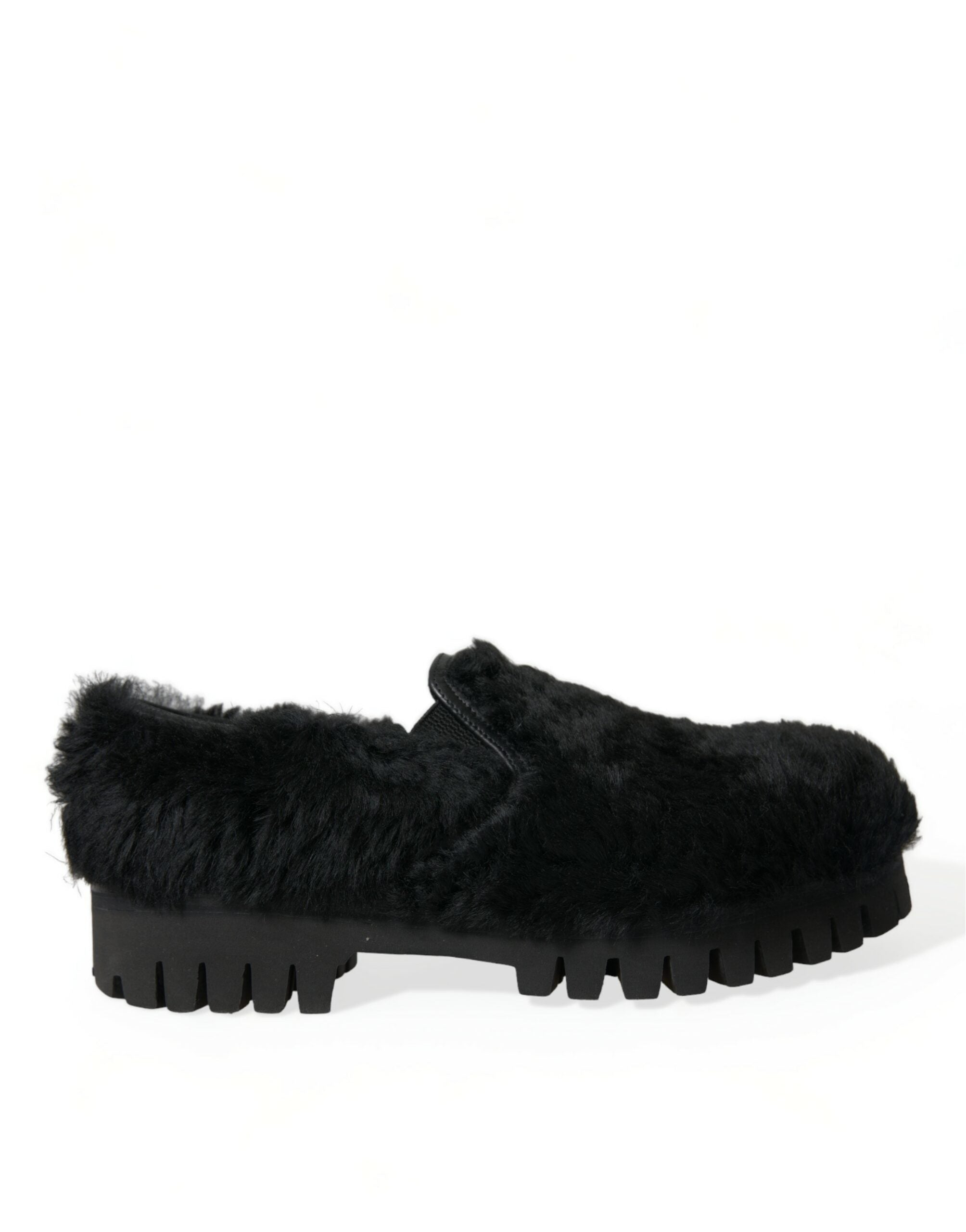 New Dolce & Gabbana Black Fur Leather Slippers Dress Shoes