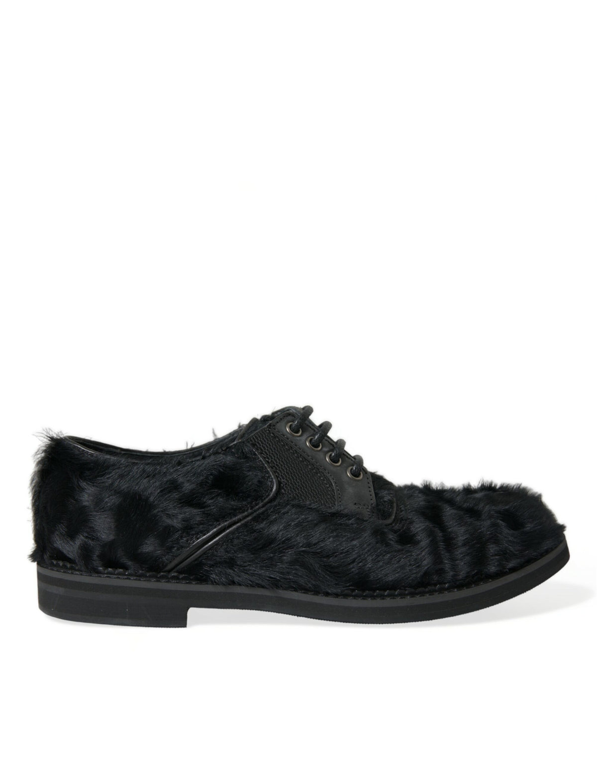 New Dolce & Gabbana Black Fur Leather Lace Up Derby Dress Shoes