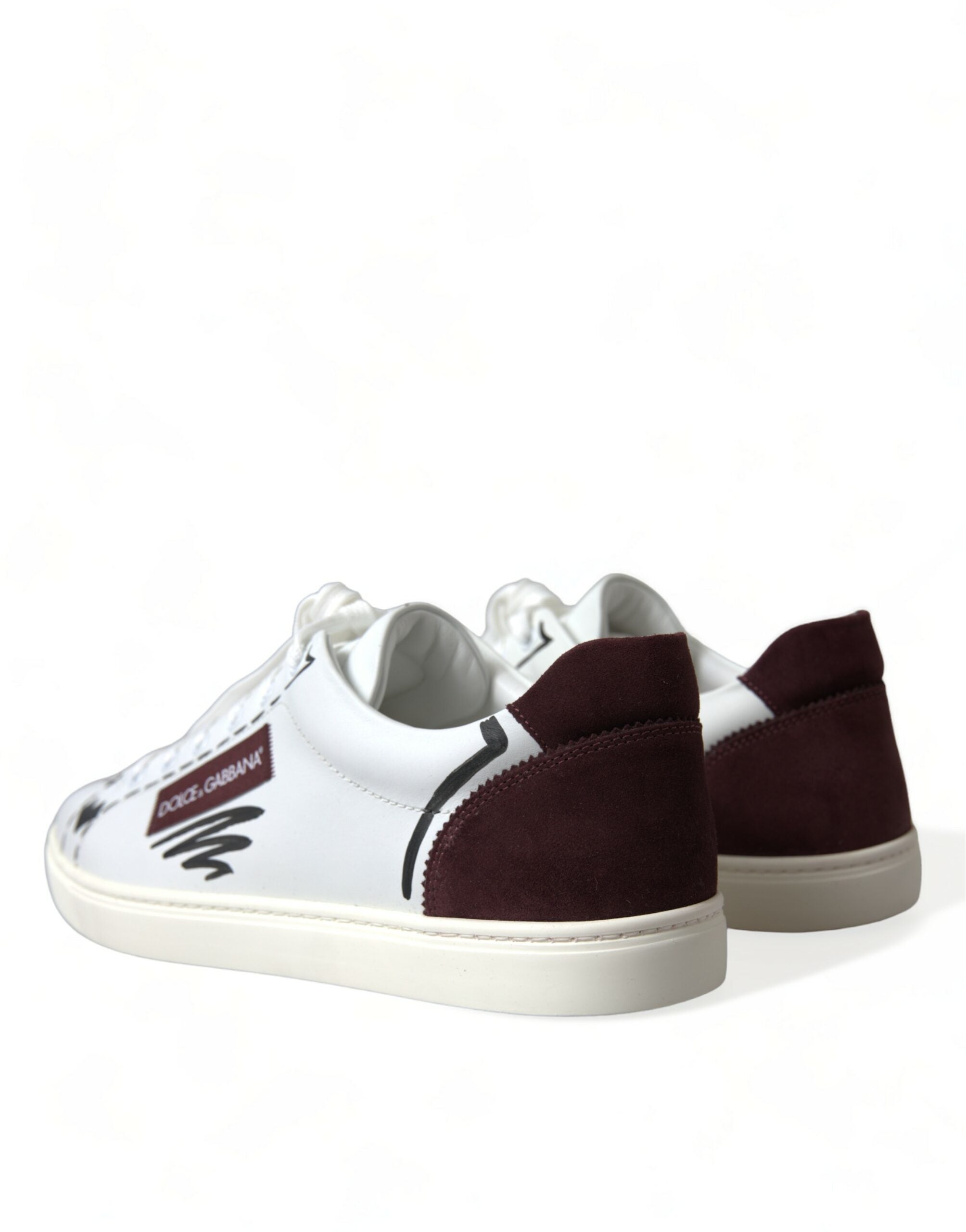 New Dolce & Gabbana White Burgundy Leather Logo Low Top Sneakers Shoes