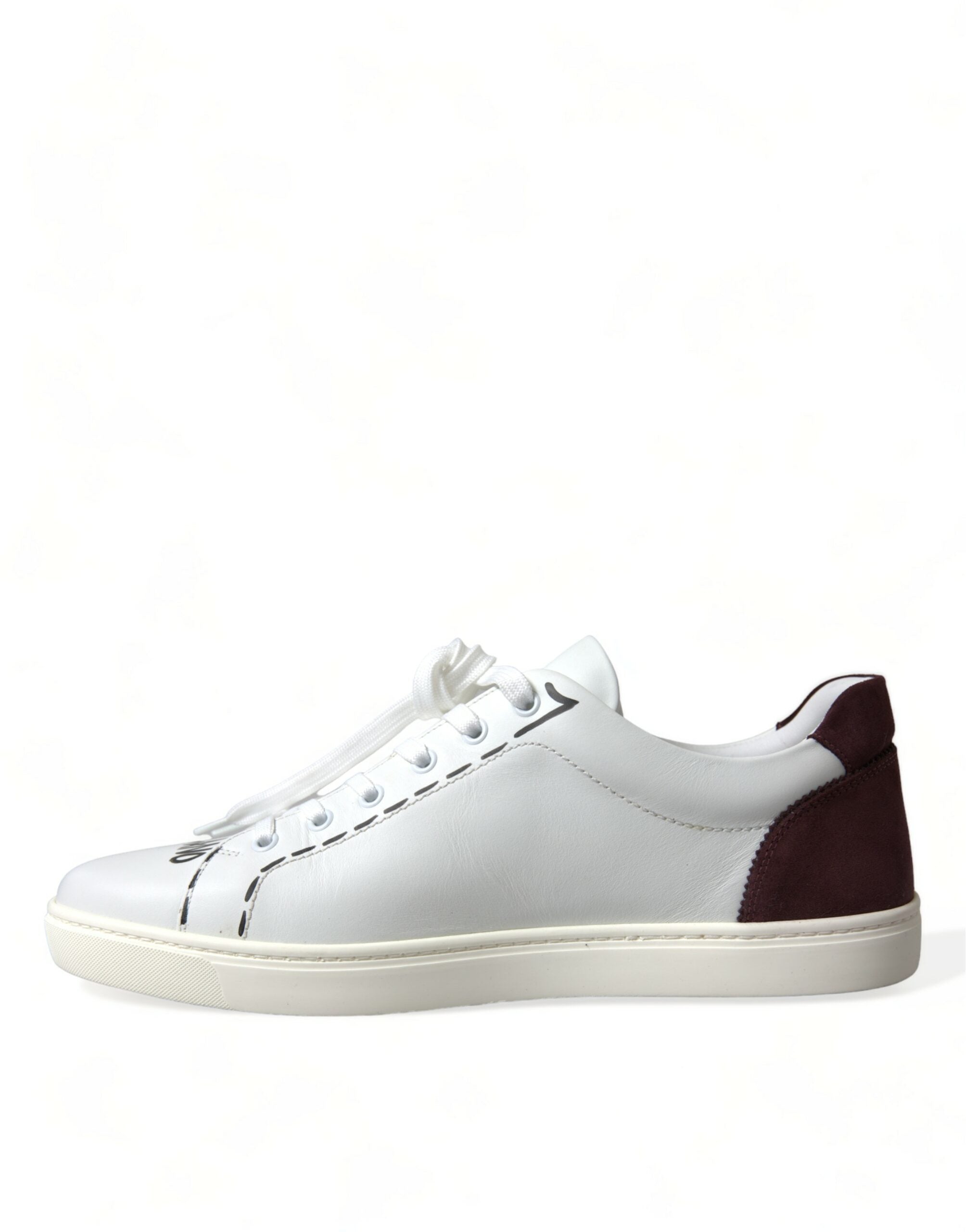 New Dolce & Gabbana White Burgundy Leather Logo Low Top Sneakers Shoes