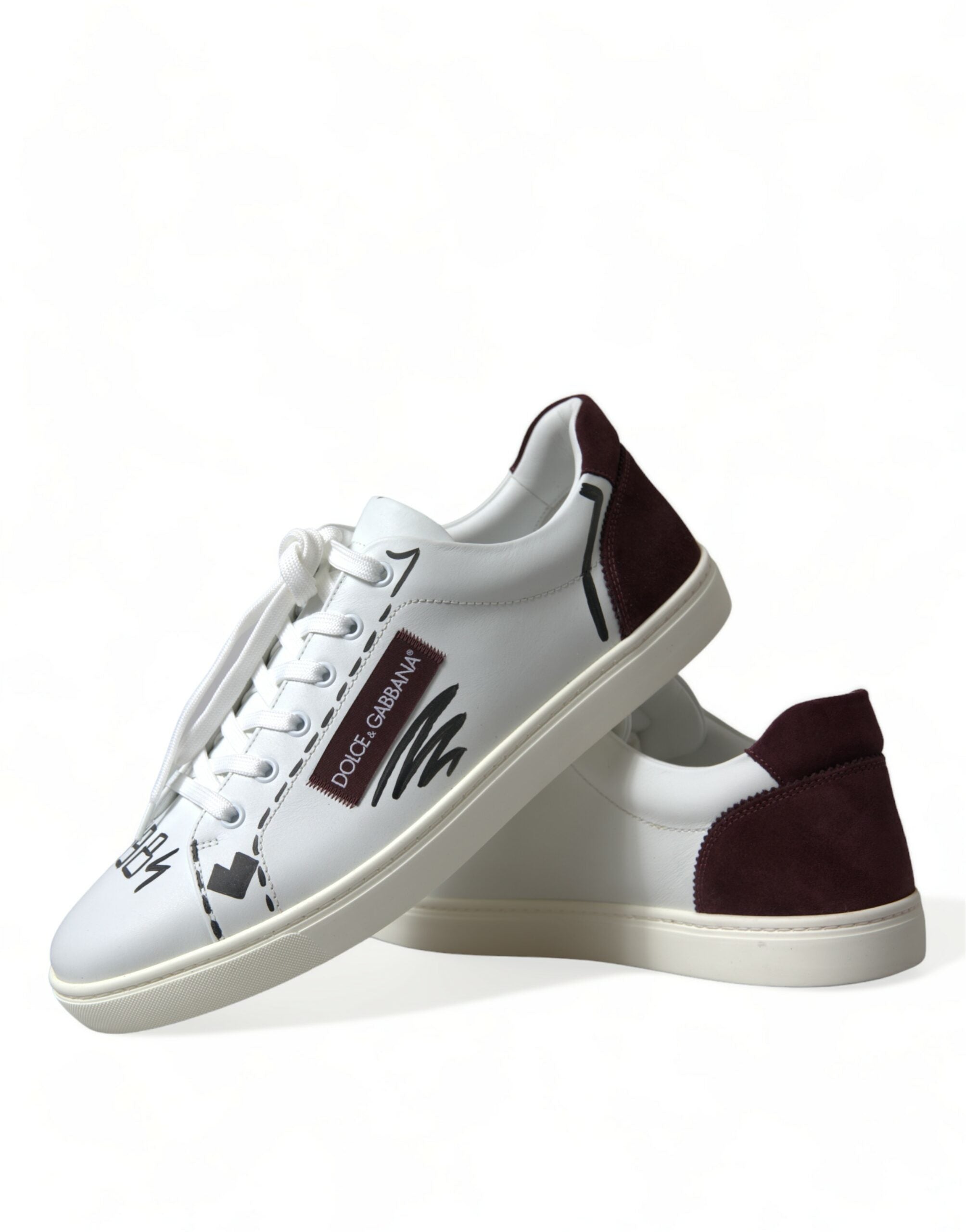 New Dolce & Gabbana White Burgundy Leather Logo Low Top Sneakers Shoes