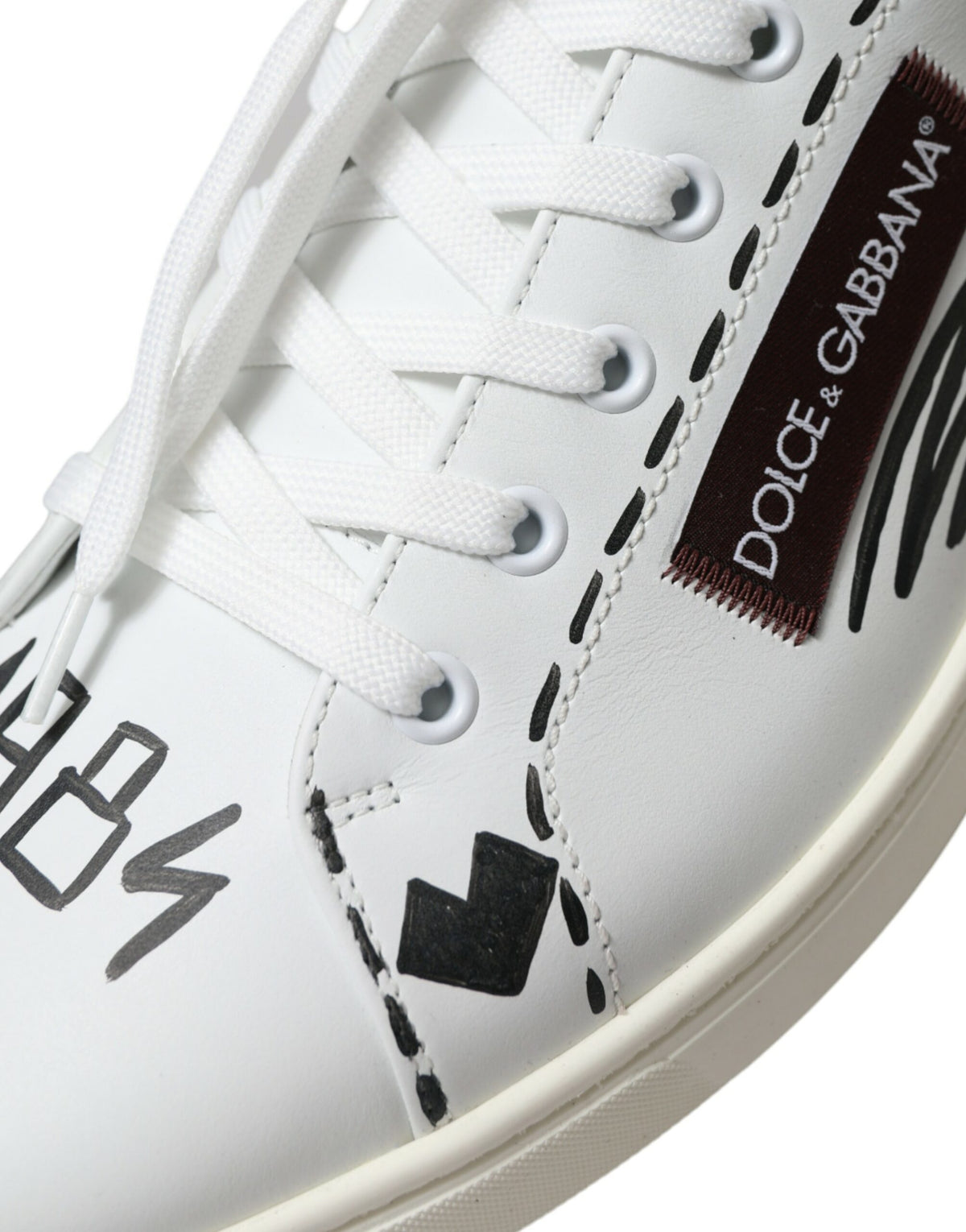 New Dolce & Gabbana White Burgundy Leather Logo Low Top Sneakers Shoes