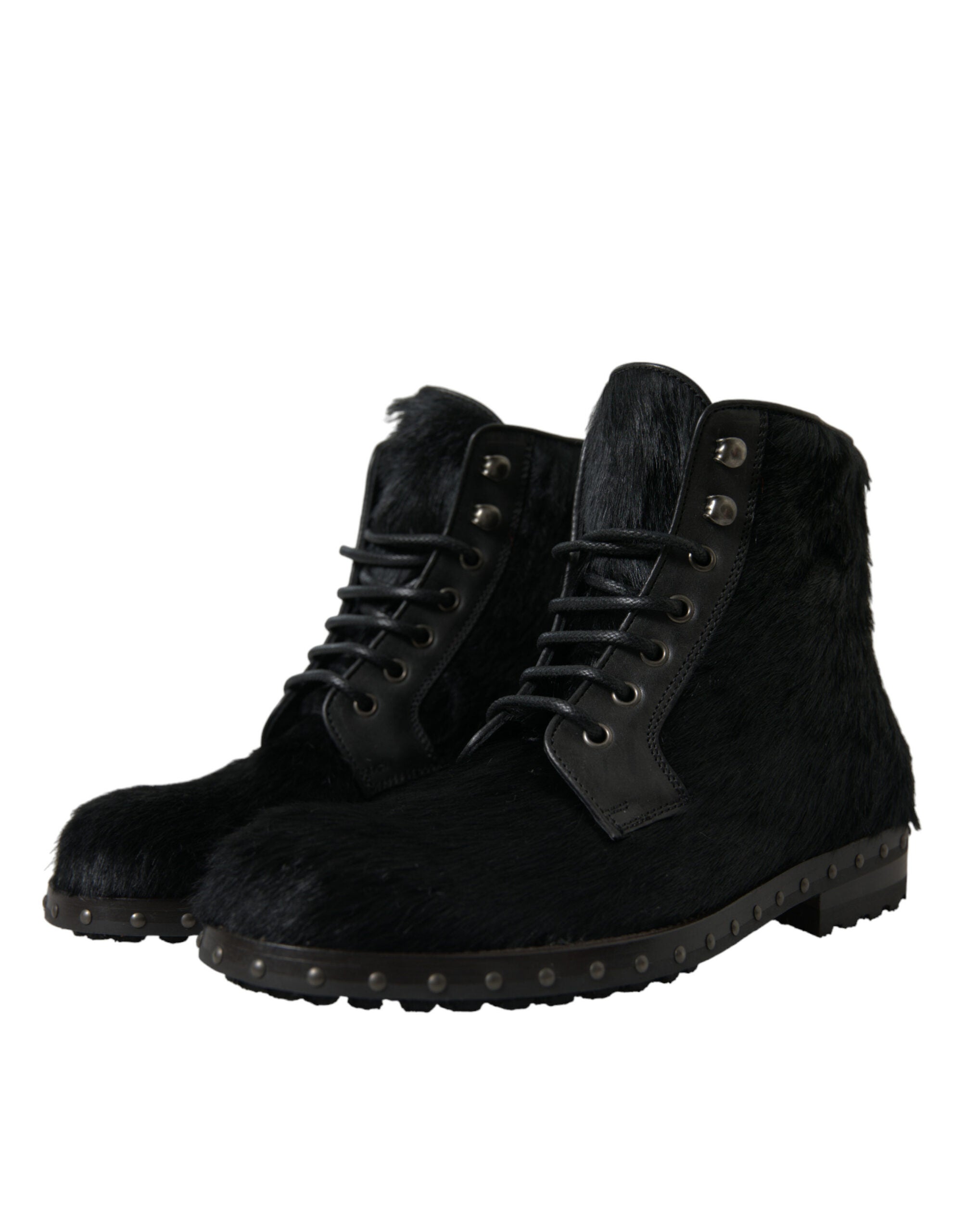 New Dolce & Gabbana Black Pony Style Leather Mid Calf Boots Shoes