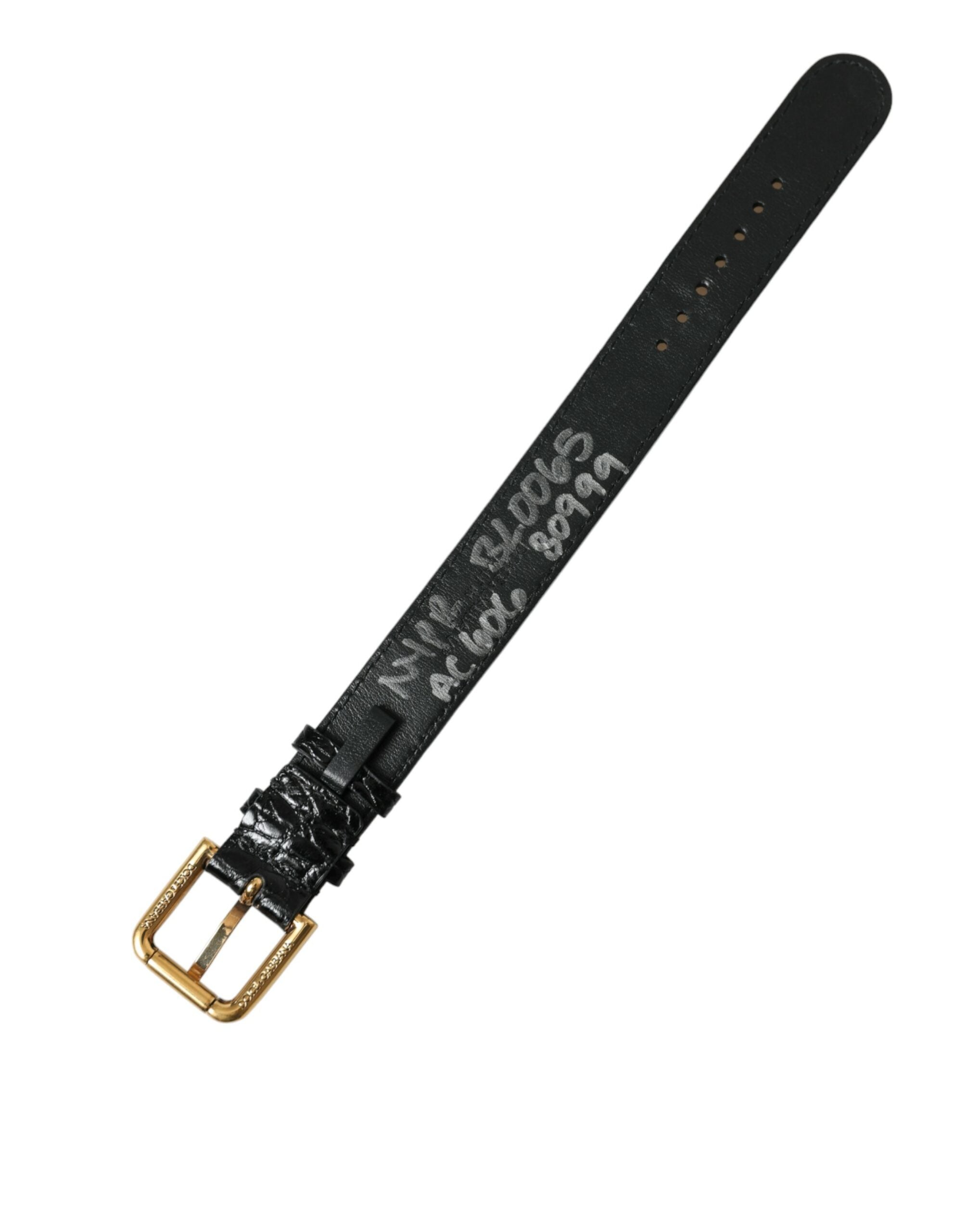 New Dolce & Gabbana Black Textured Leather Gold Tone Metal Buckle Armband