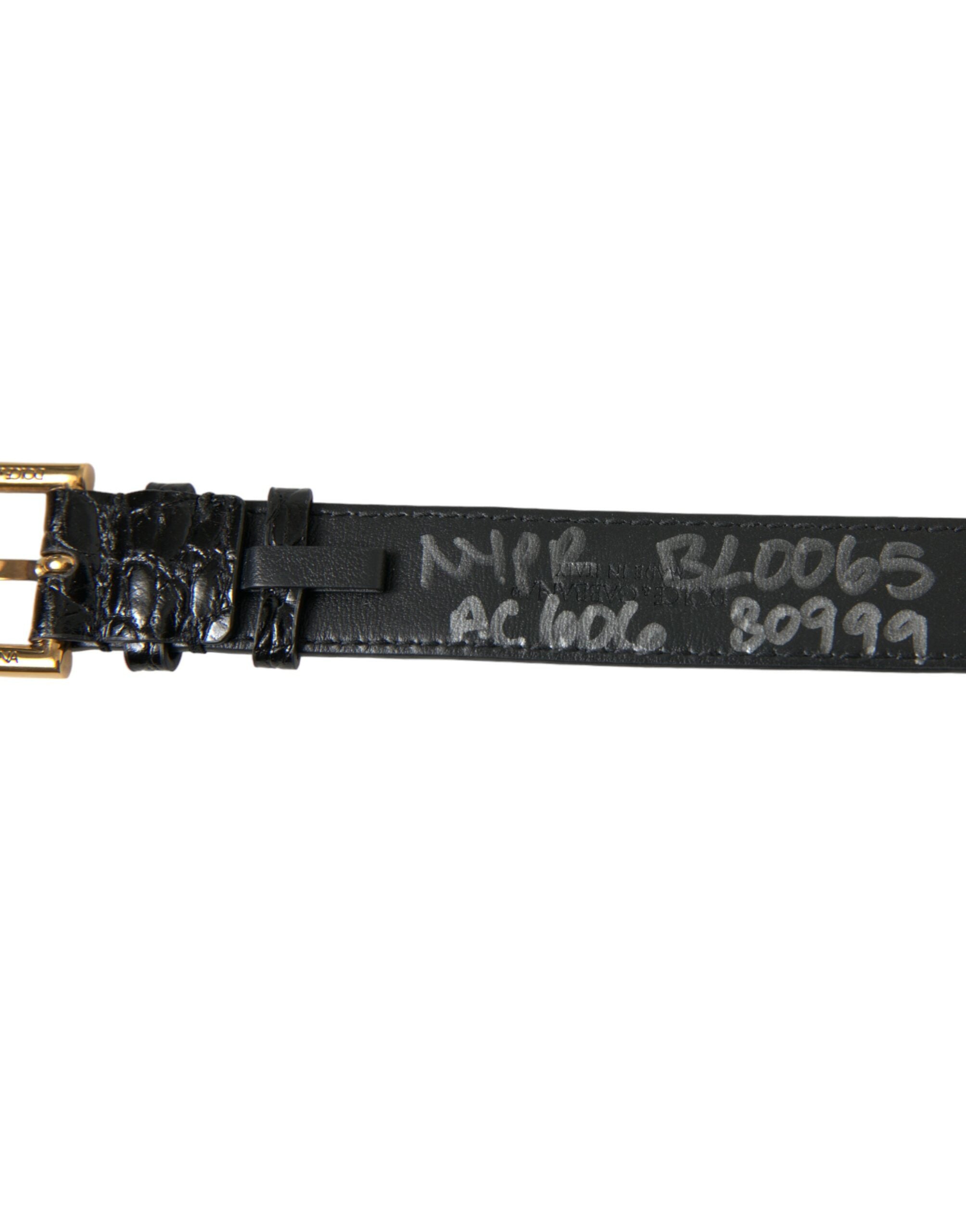 New Dolce & Gabbana Black Textured Leather Gold Tone Metal Buckle Armband