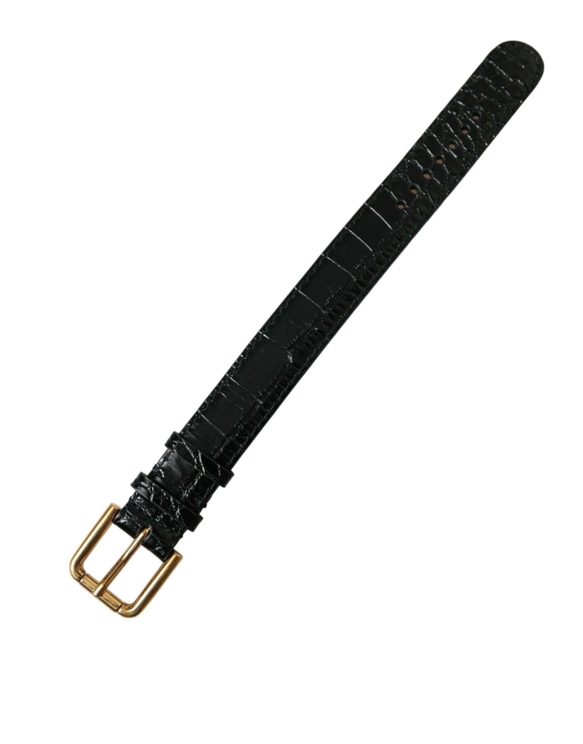New Dolce & Gabbana Black Textured Leather Gold Tone Metal Buckle Armband