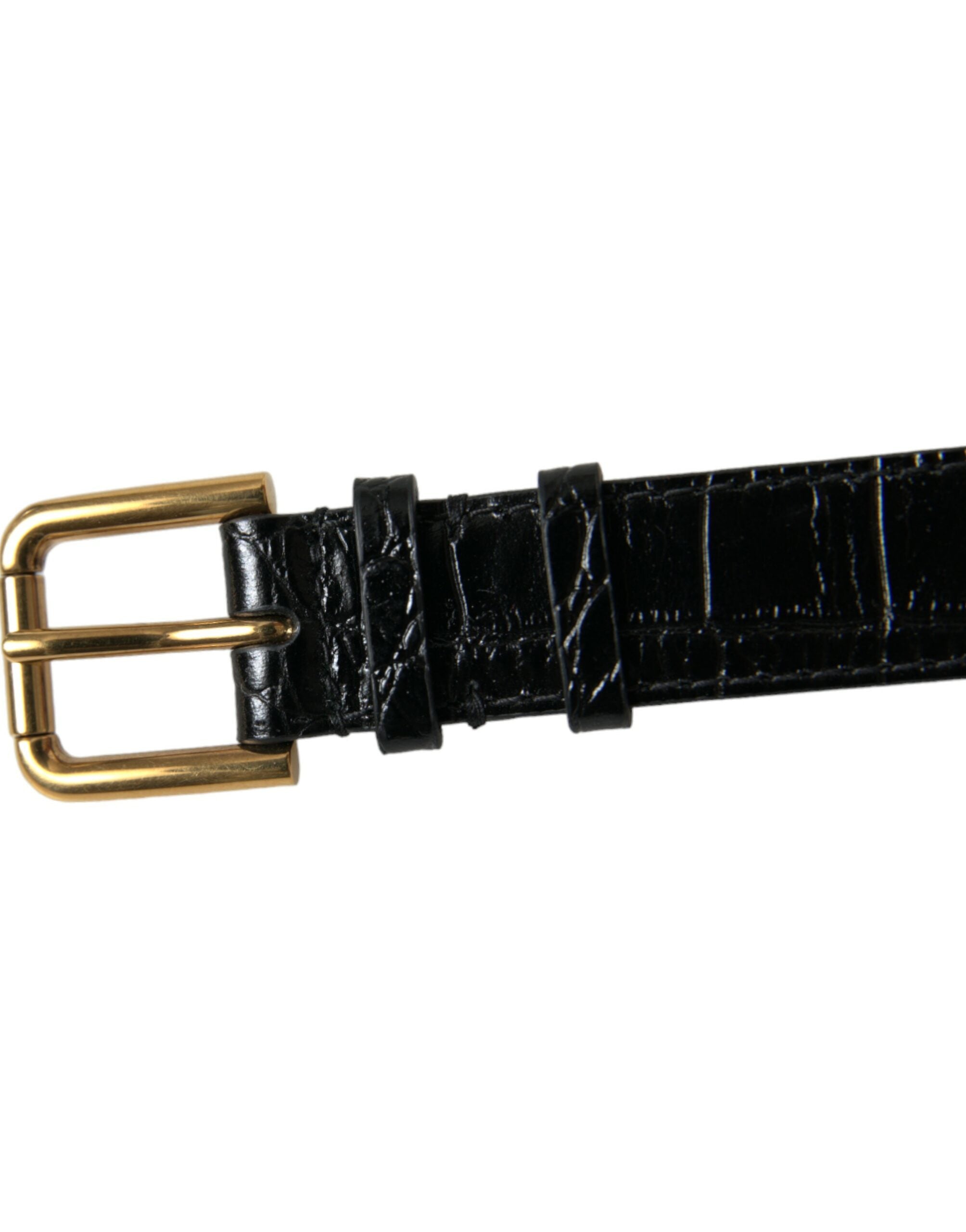 New Dolce & Gabbana Black Textured Leather Gold Tone Metal Buckle Armband
