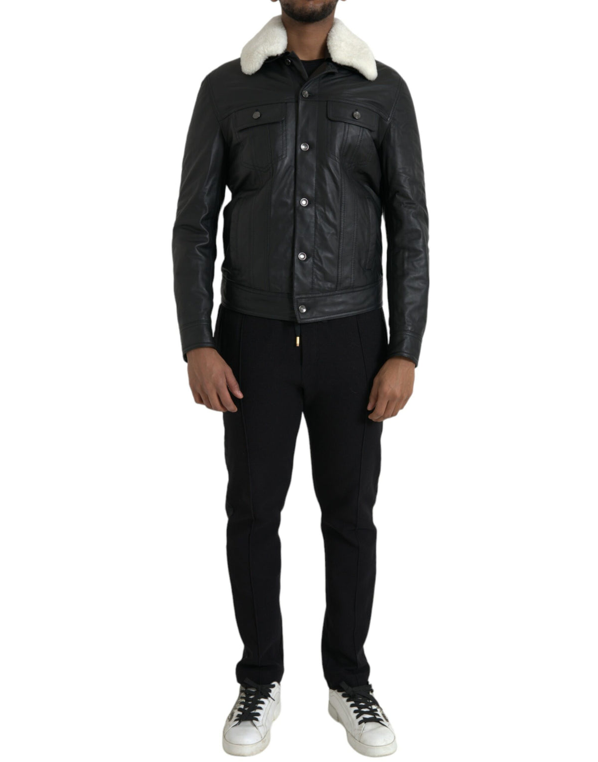 New Dolce & Gabbana Black Leather Fur Collar Biker Coat Jacket