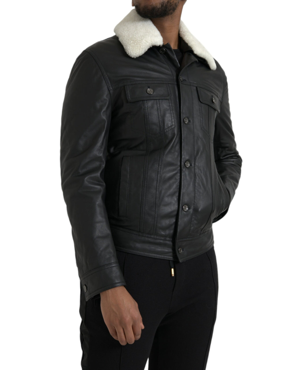 New Dolce & Gabbana Black Leather Fur Collar Biker Coat Jacket
