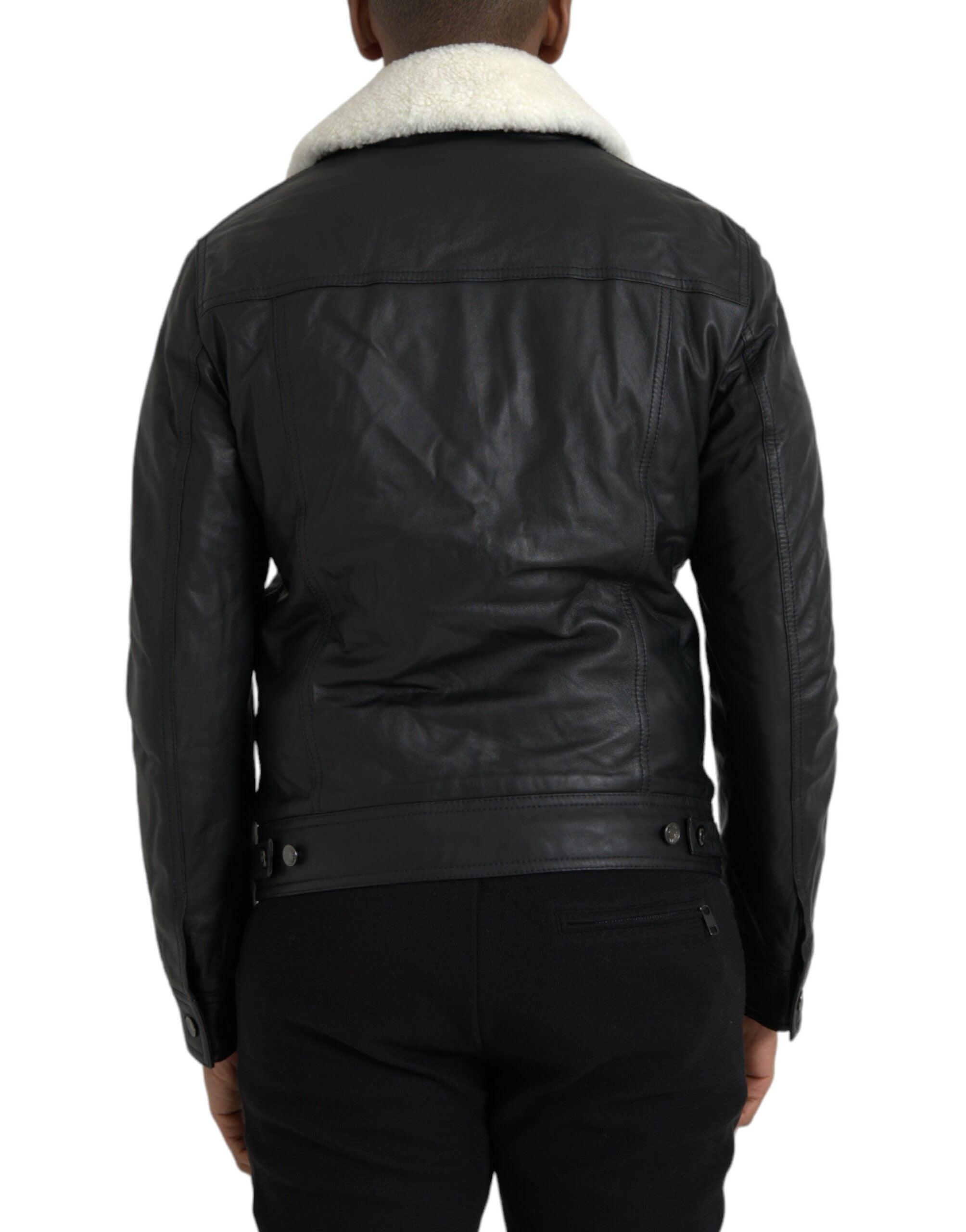 New Dolce & Gabbana Black Leather Fur Collar Biker Coat Jacket