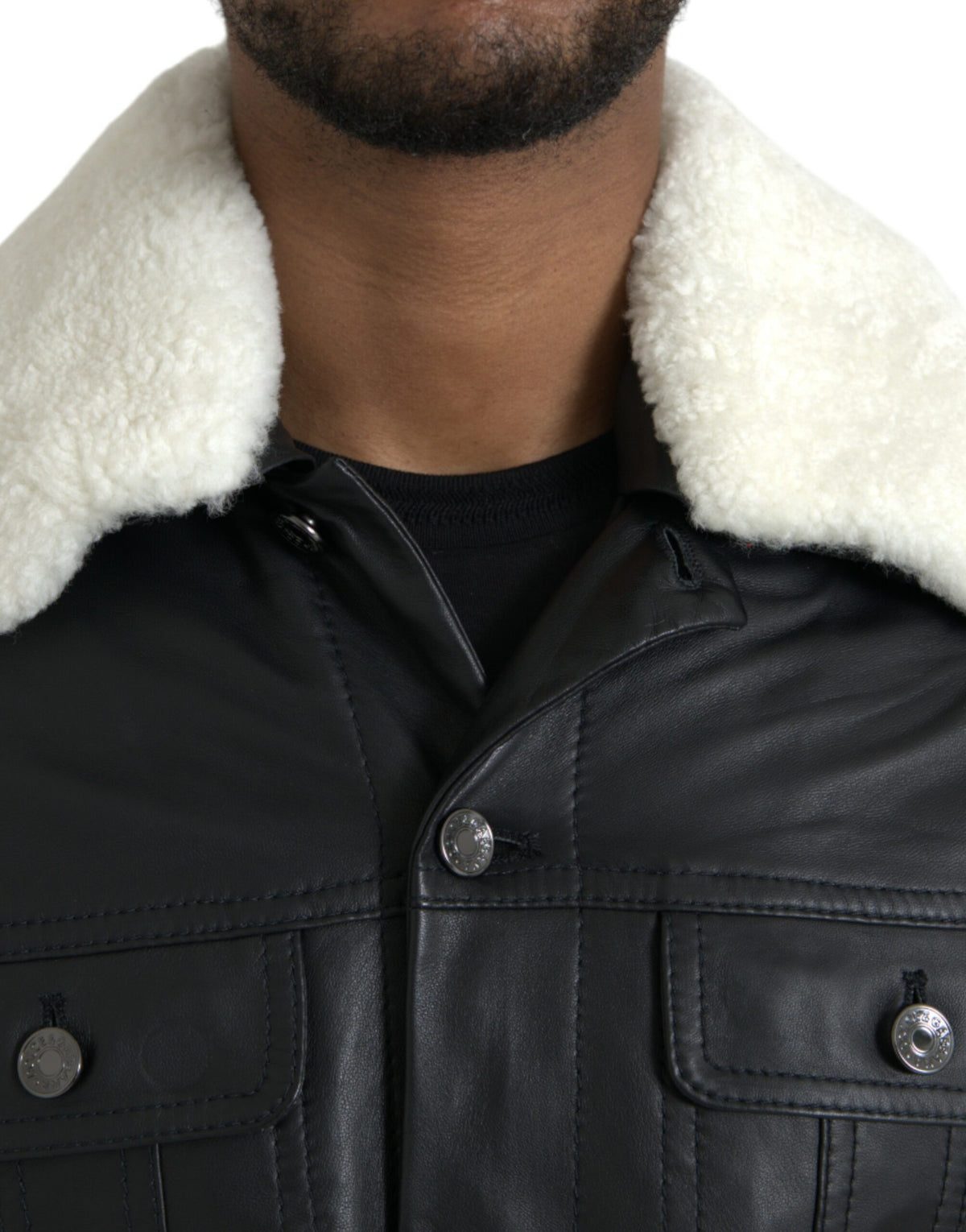 New Dolce & Gabbana Black Leather Fur Collar Biker Coat Jacket