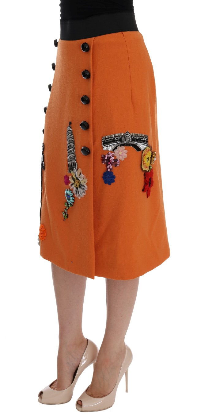 Dolce & Gabbana Orange Wool Crystal Sequin Appliques Skirt - PreLoved & Luxe