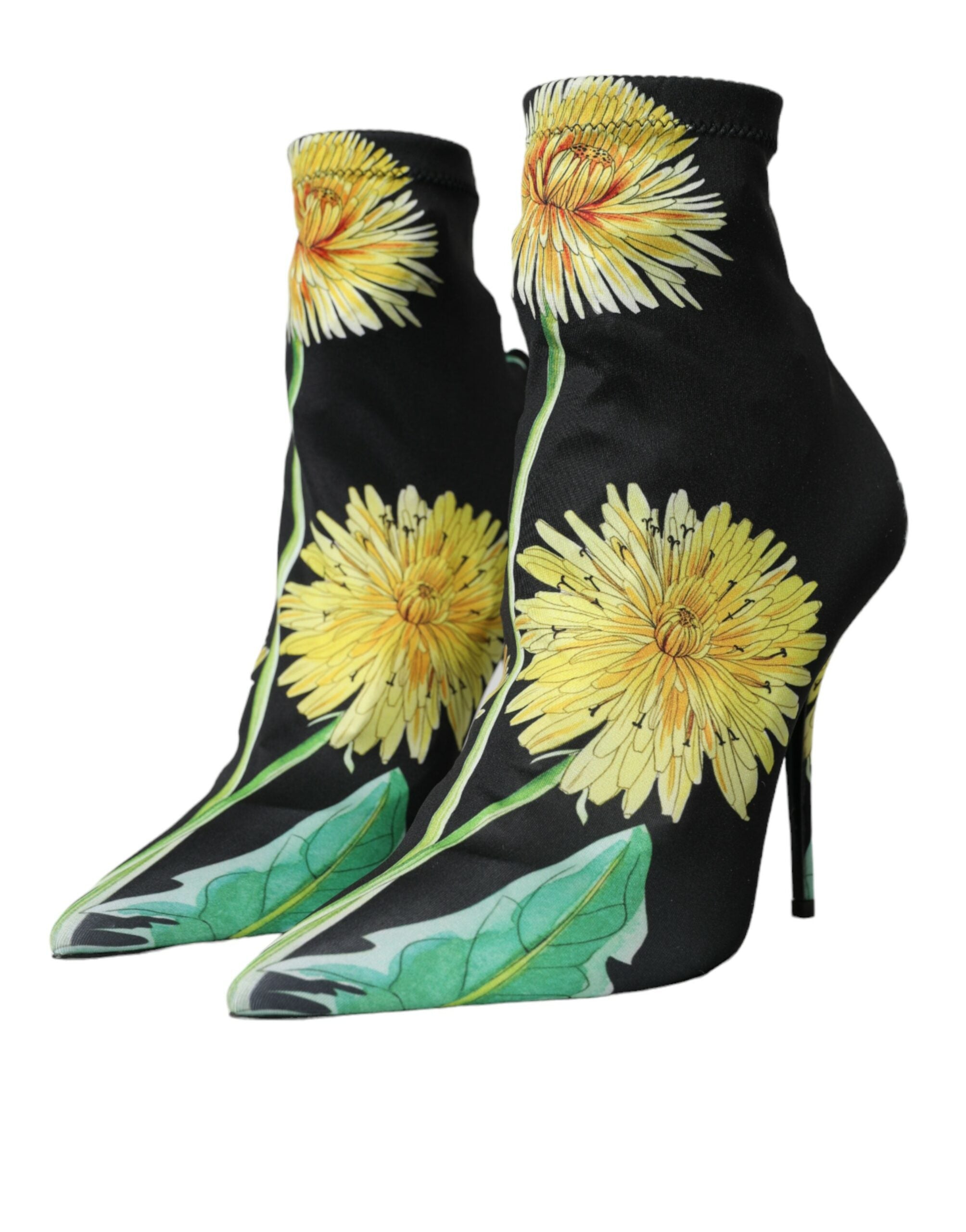 New Dolce & Gabbana Black Floral Jersey Stretch Ankle Boots Shoes