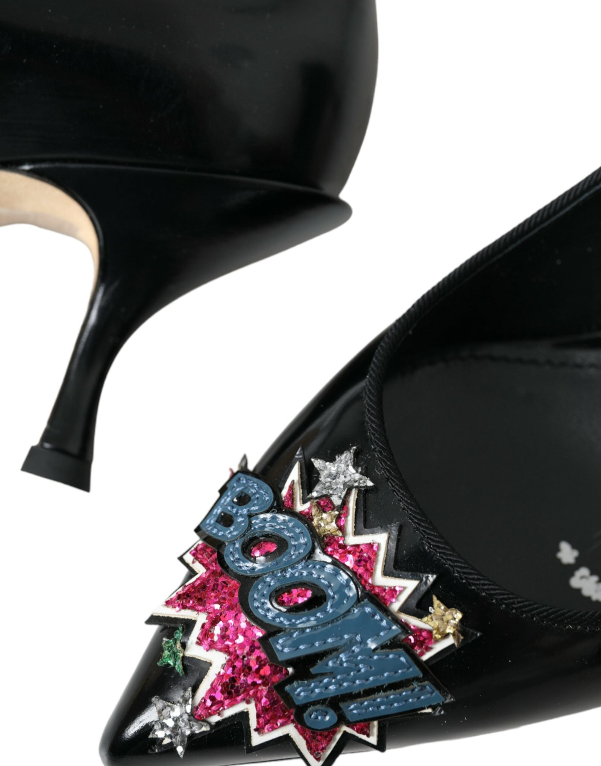 New Dolce & Gabbana Black Leather BOOM Patch Heels Pumps Shoes
