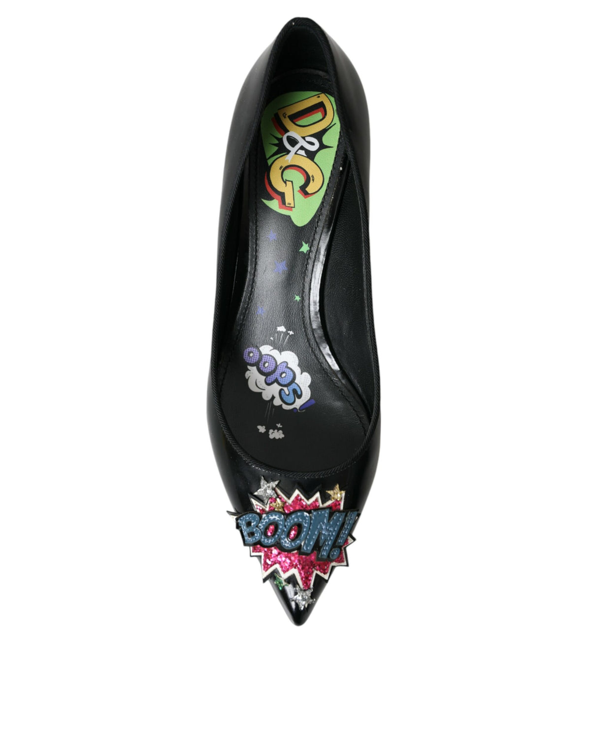 New Dolce & Gabbana Black Leather BOOM Patch Heels Pumps Shoes