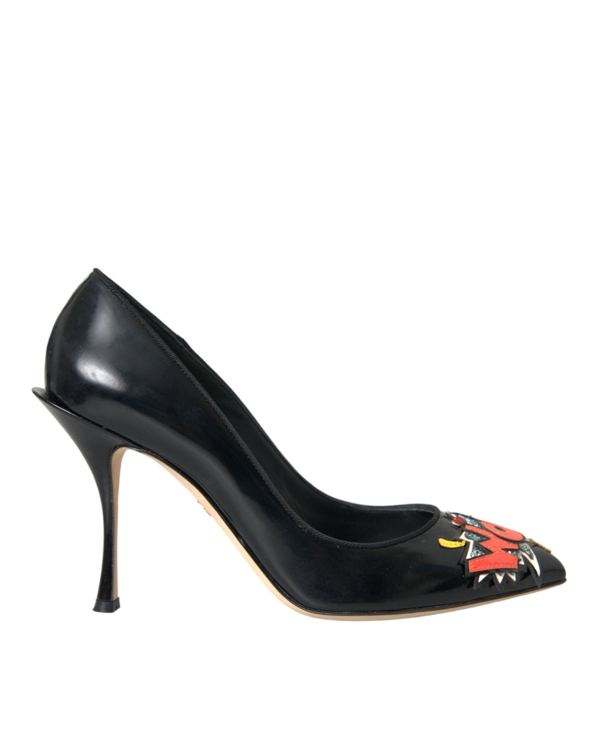 New Dolce & Gabbana Black Leather WOW Patch Heels Pumps Shoes