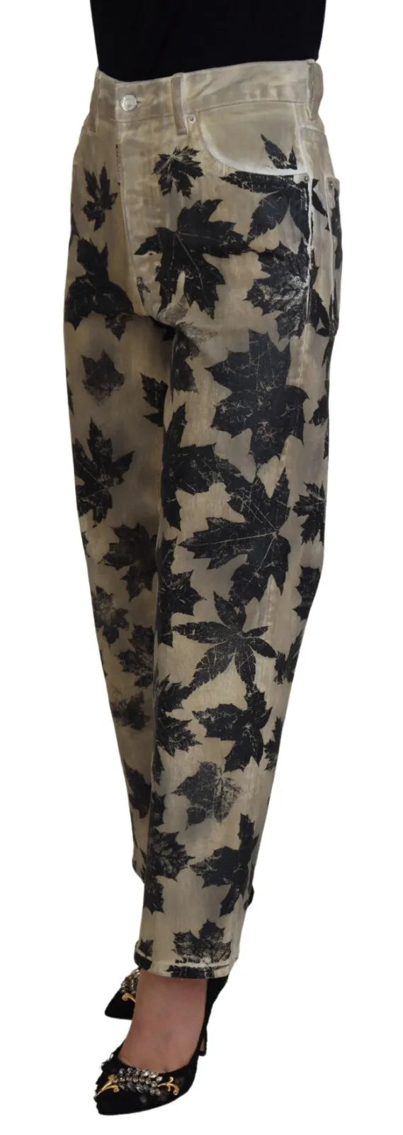Dsquared² Beige Leaves Cotton High Waist Denim Jeans ton
