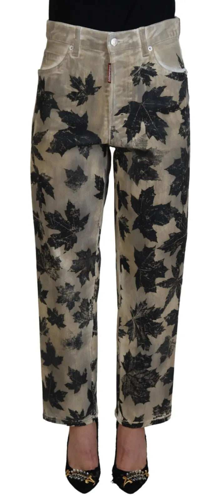Dsquared² Beige Leaves Cotton High Waist Denim Jeans ton