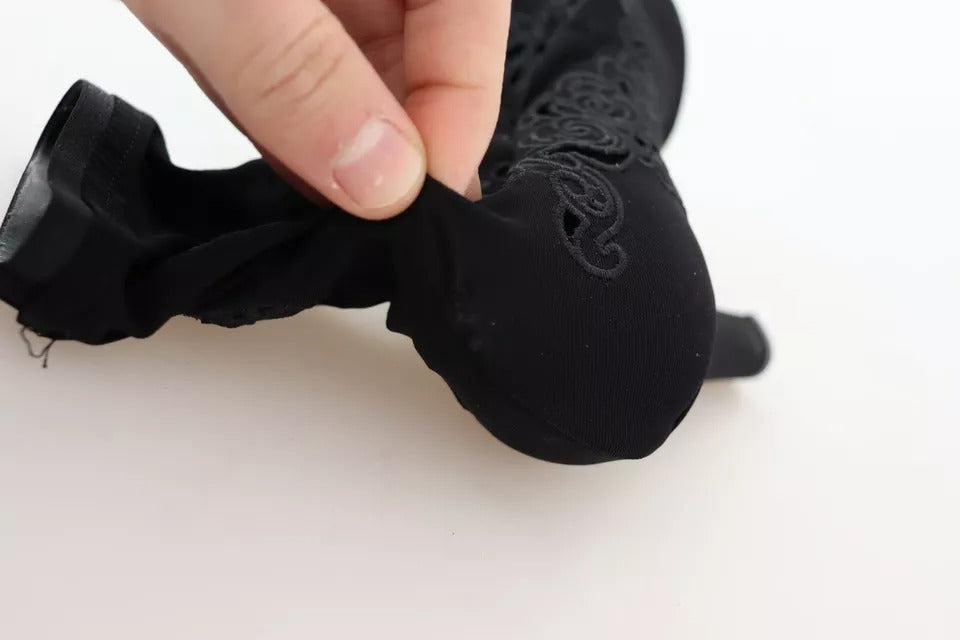 Dolce & Gabbana Black Stretch Pumps Boots Floral Lace Shoes