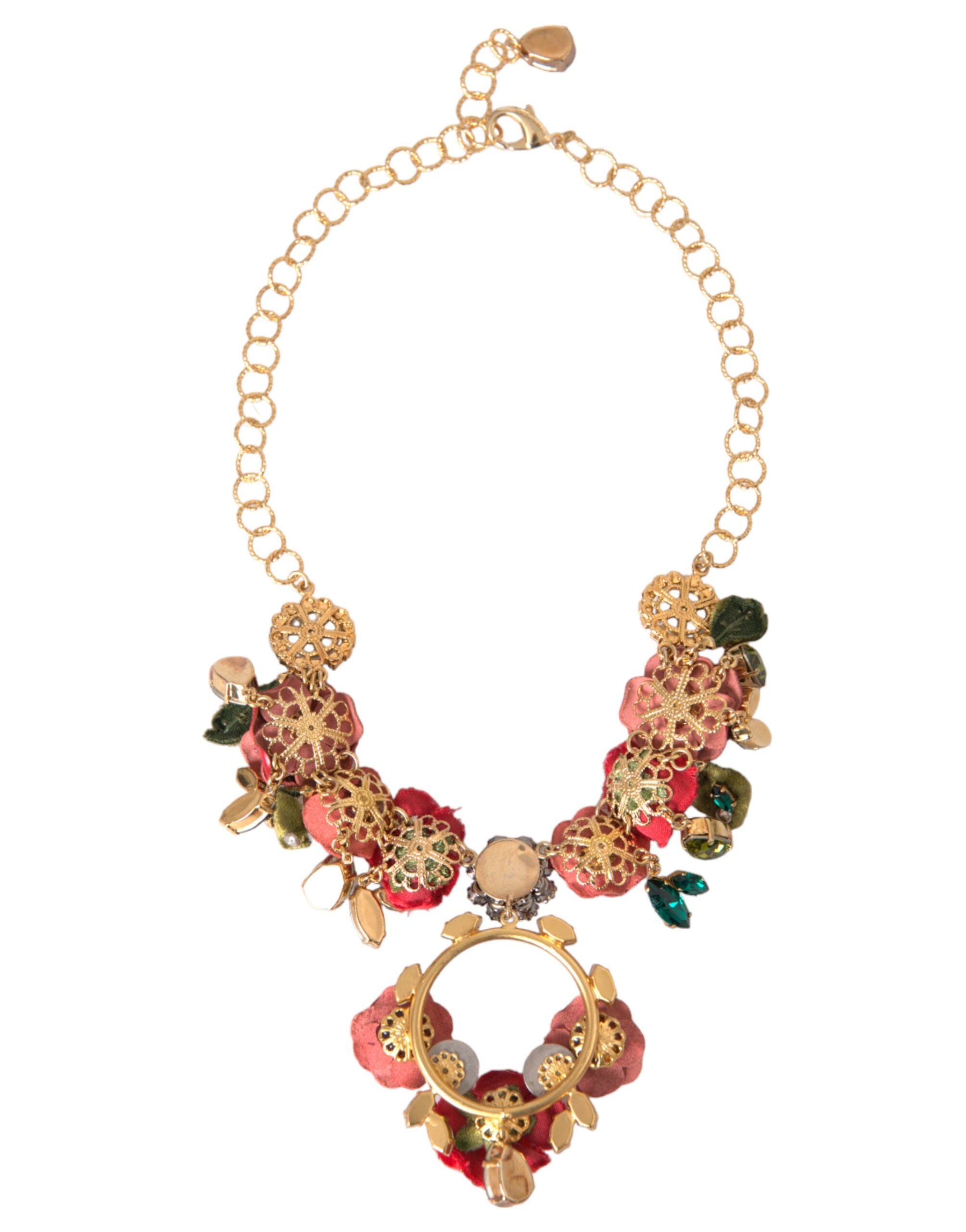 New Dolce & Gabbana Gold Link Chain RosePetal Crystal Pendant Necklace