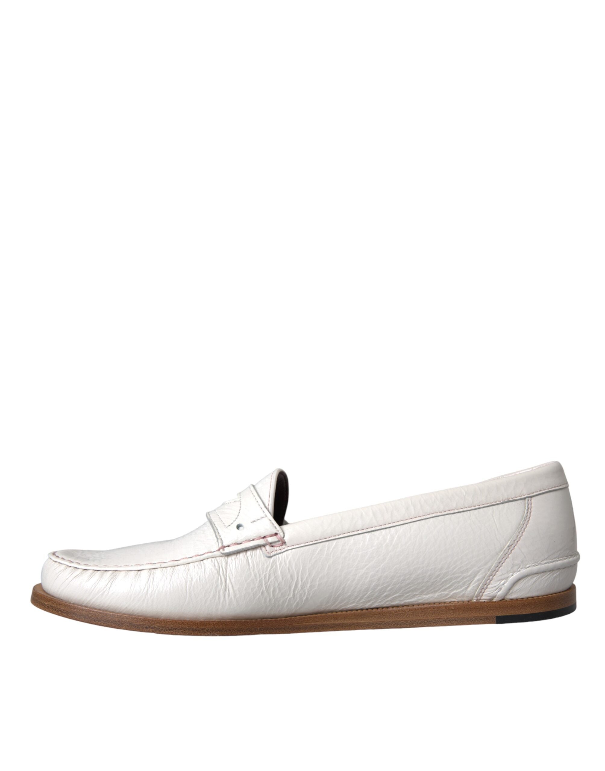 New Dolce & Gabbana White Leather Slip On Mocassin Loafers Shoes