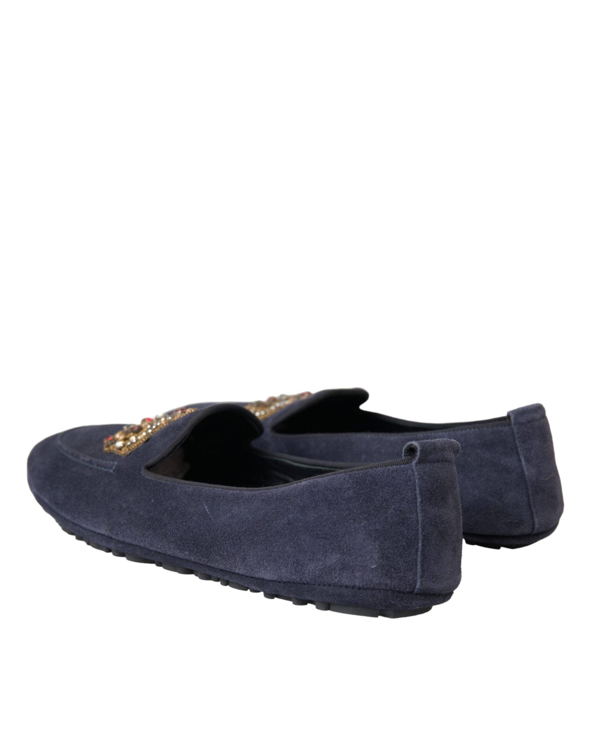 New Dolce & Gabbana Blue Leather Suede Crystal Crown Loafers Shoes