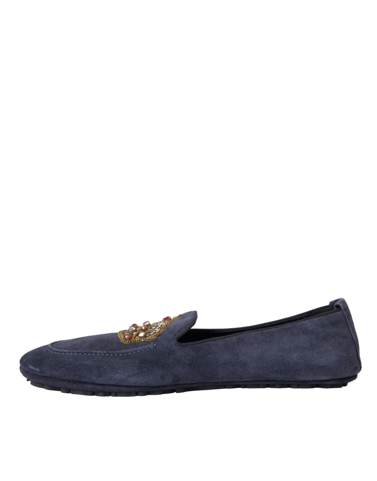 New Dolce & Gabbana Blue Leather Suede Crystal Crown Loafers Shoes