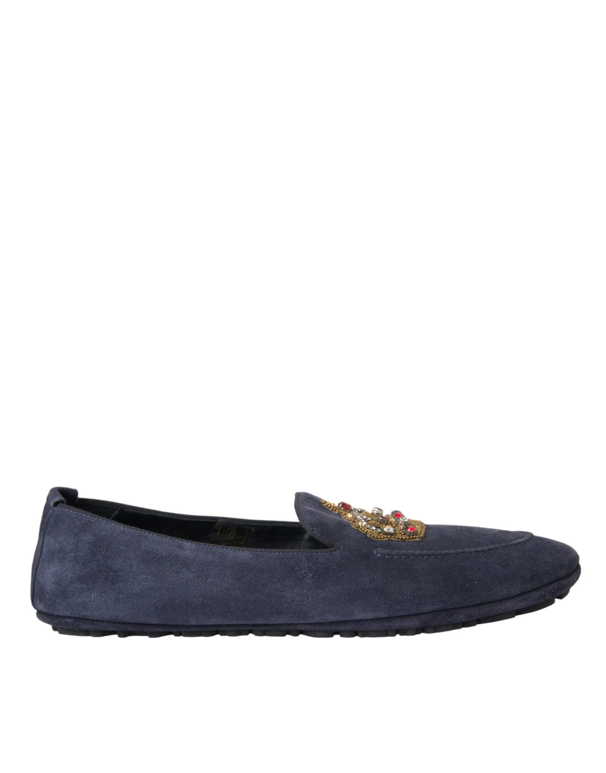 New Dolce & Gabbana Blue Leather Suede Crystal Crown Loafers Shoes