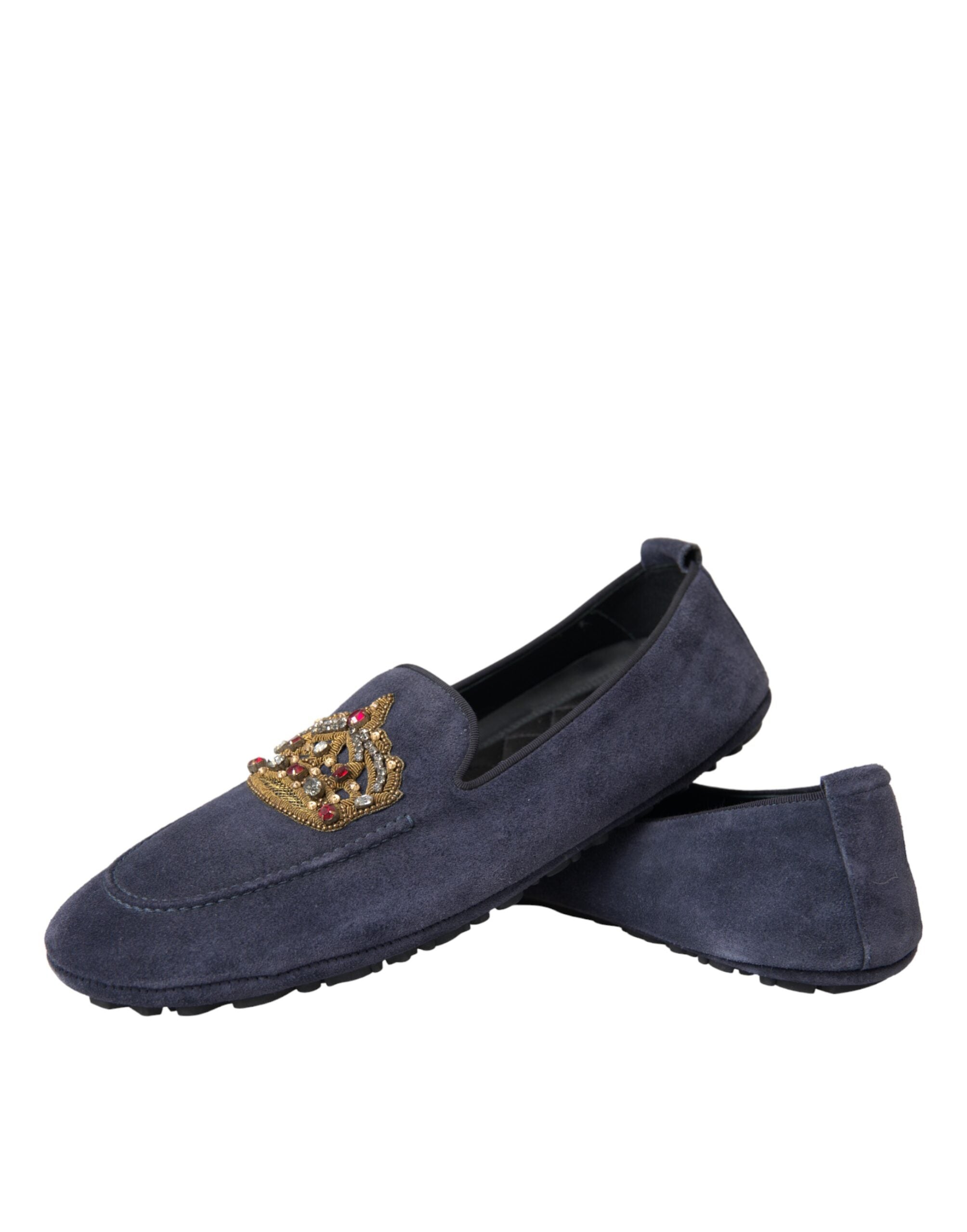 New Dolce & Gabbana Blue Leather Suede Crystal Crown Loafers Shoes