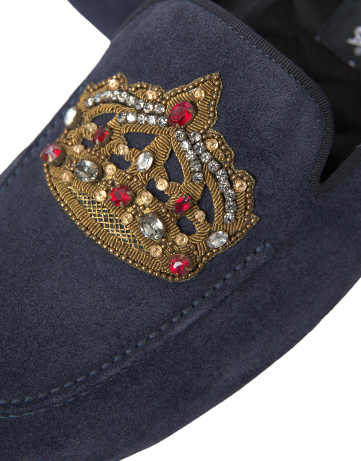 New Dolce & Gabbana Blue Leather Suede Crystal Crown Loafers Shoes