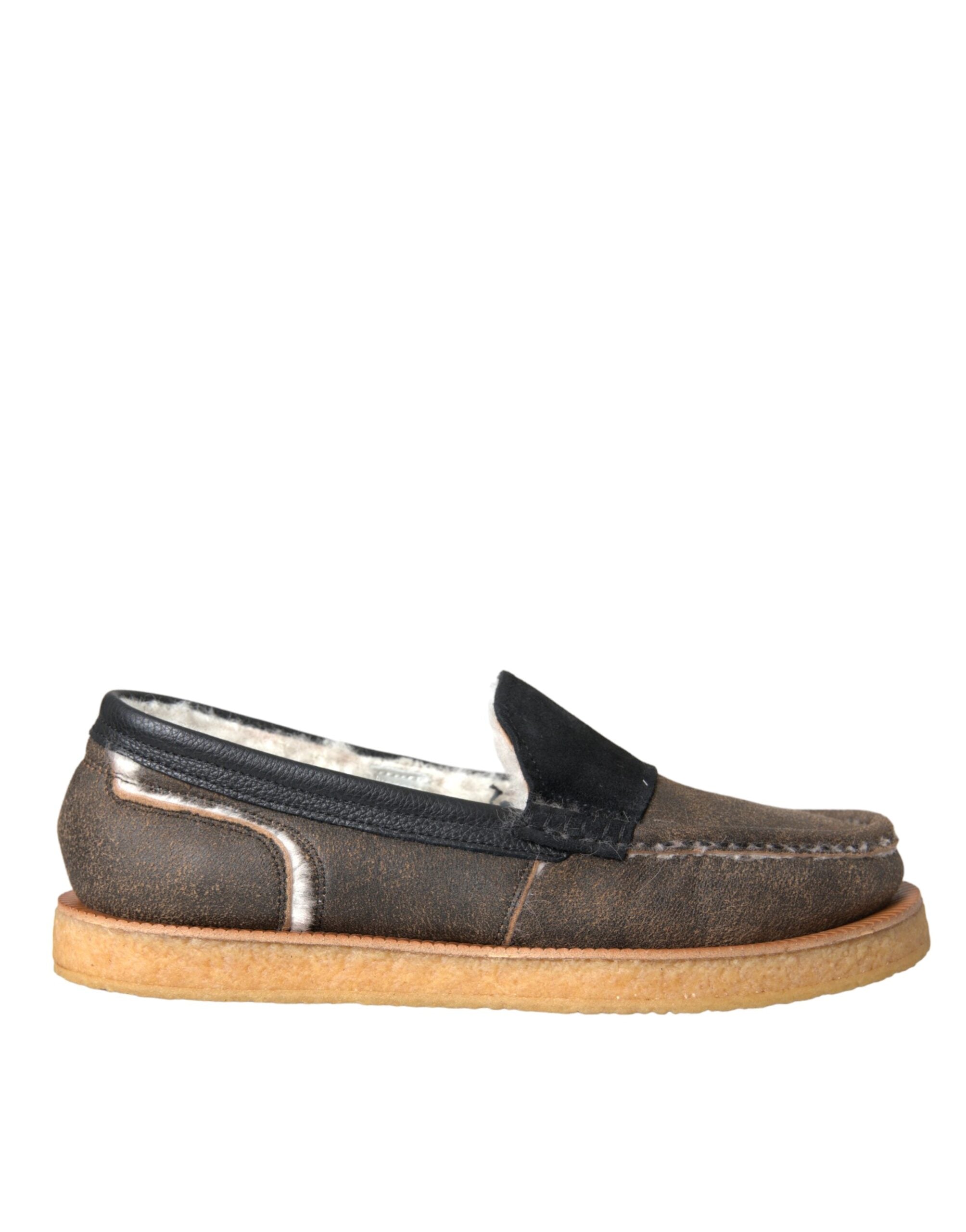 New Dolce & Gabbana Brown Black Fur Leather Loafers Men Shoes