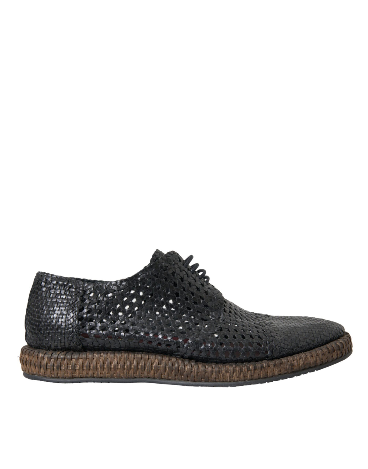 New Dolce & Gabbana Black Woven Goat Leather Lace Up Derby Shoes