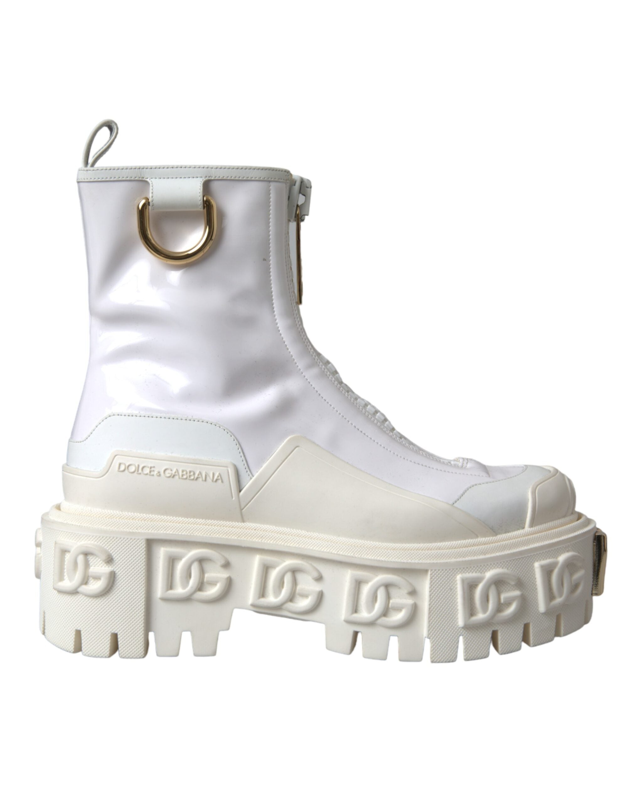 Pre-Owned Dolce & Gabbana White Leather Rubber Logo Ankle Boots Shoes