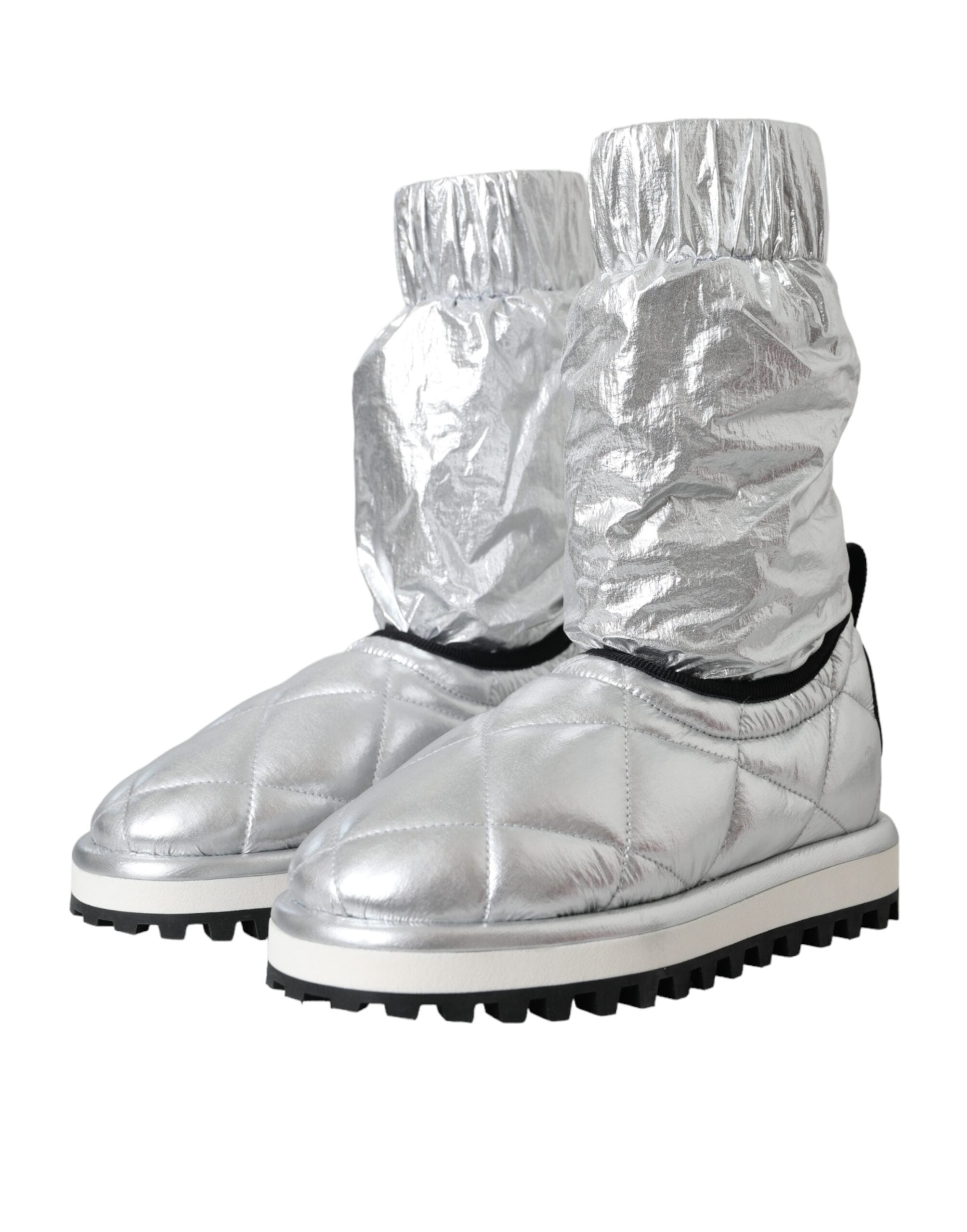 New Dolce & Gabbana Metallic Silver Quilted Logo Patch Boot Shoes