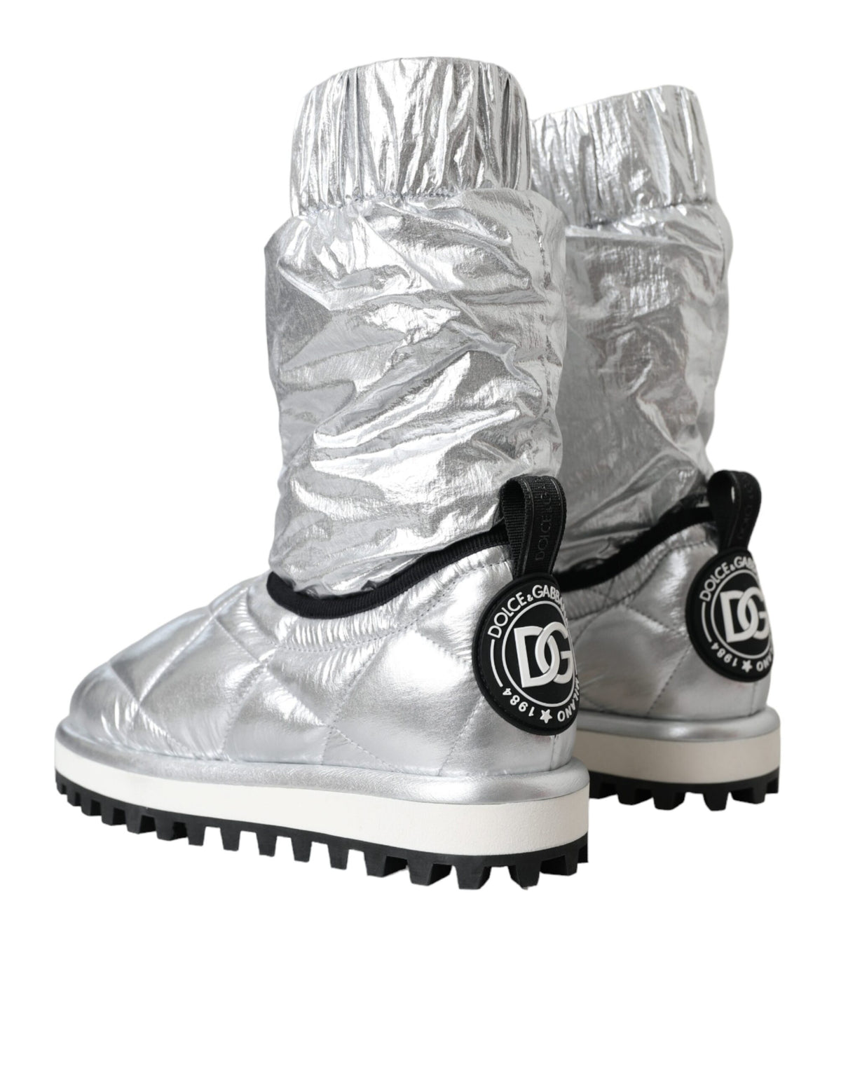New Dolce & Gabbana Metallic Silver Quilted Logo Patch Boot Shoes