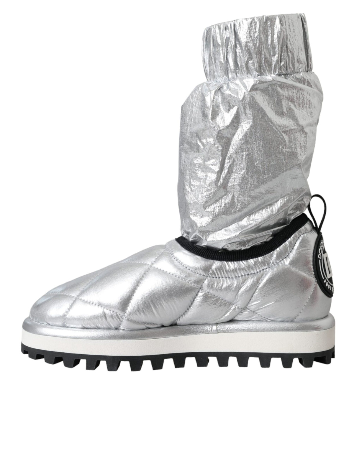 New Dolce & Gabbana Metallic Silver Quilted Logo Patch Boot Shoes