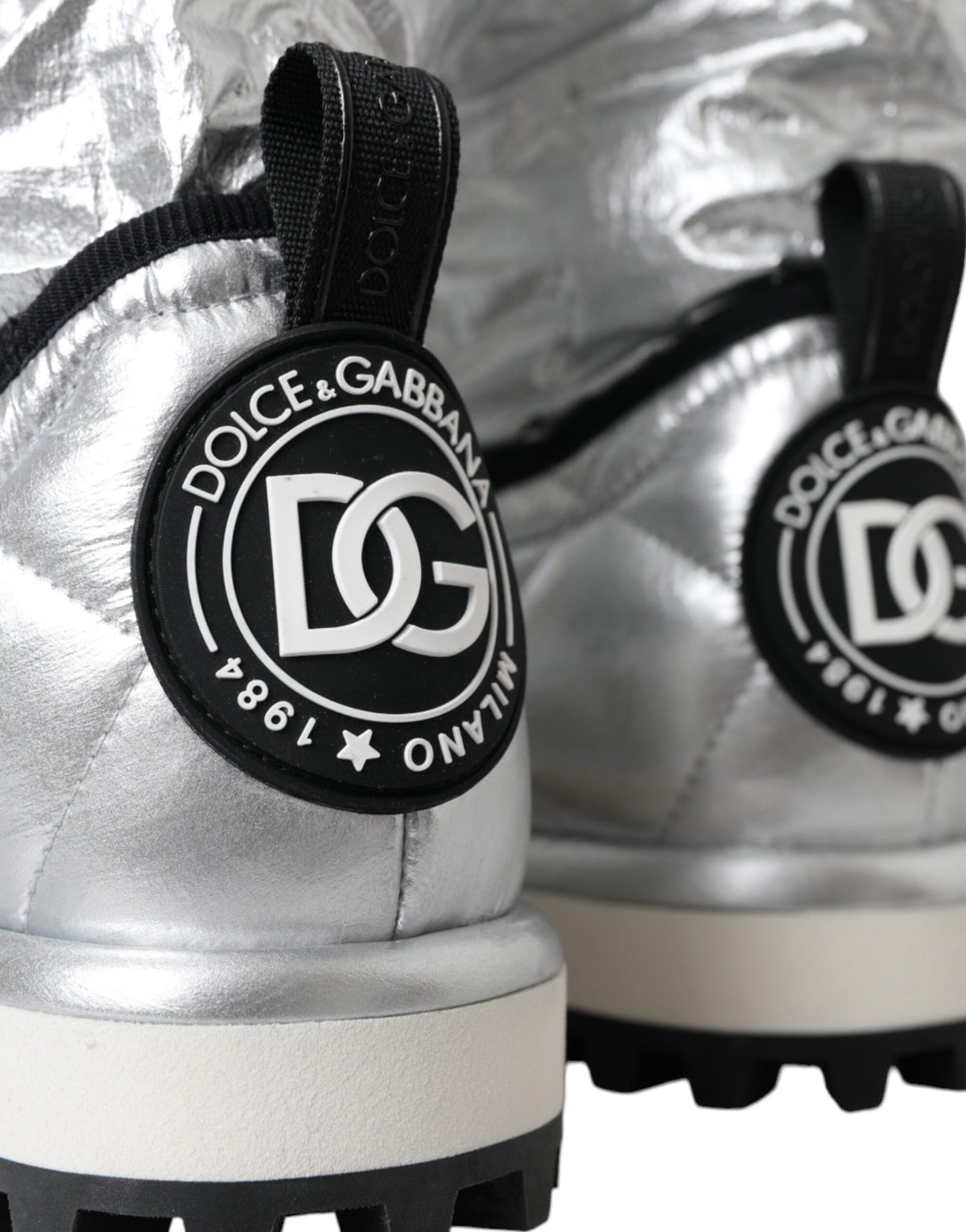 New Dolce & Gabbana Metallic Silver Quilted Logo Patch Boot Shoes