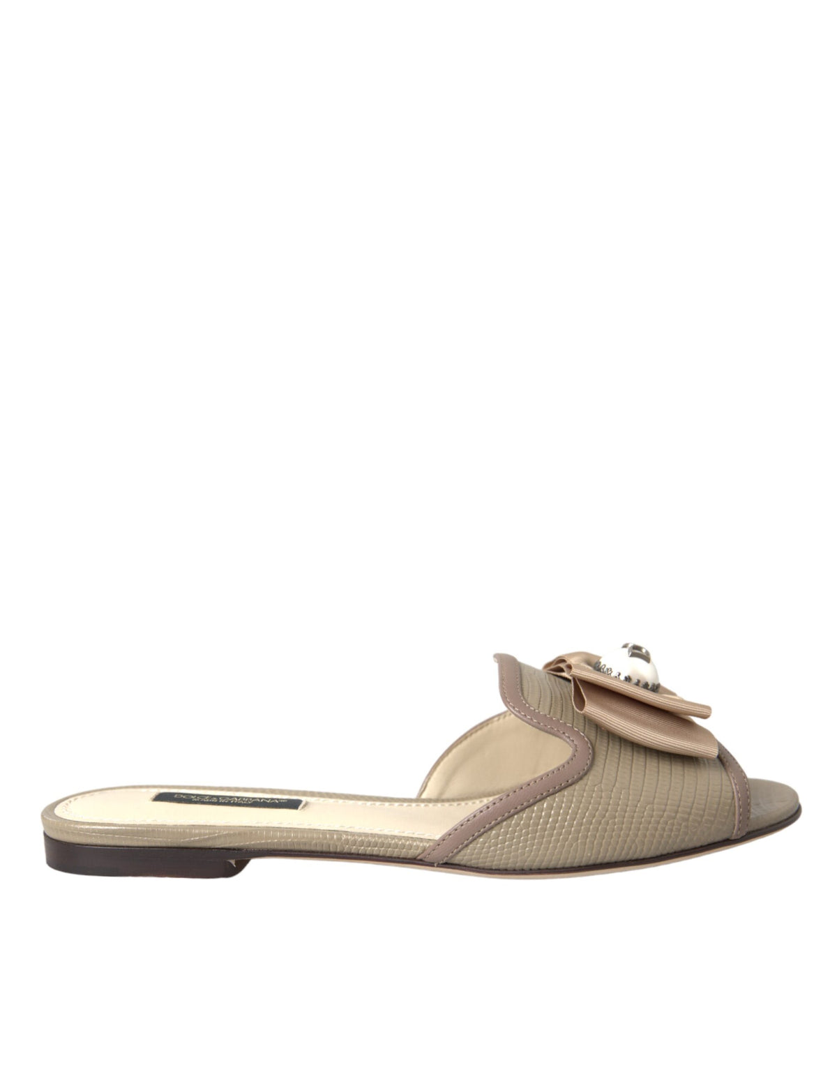 New Dolce & Gabbana Beige Logo Pearl Flats Sandals Slides Shoes