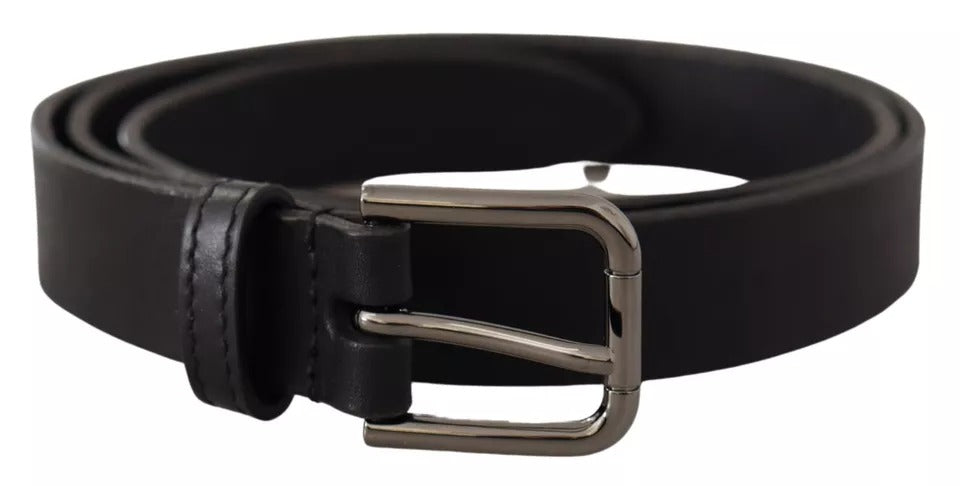 New Dolce & Gabbana Black Calf Leather Classic Metal Logo Buckle Belt