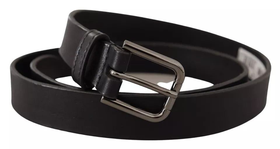 New Dolce & Gabbana Black Calf Leather Classic Metal Logo Buckle Belt