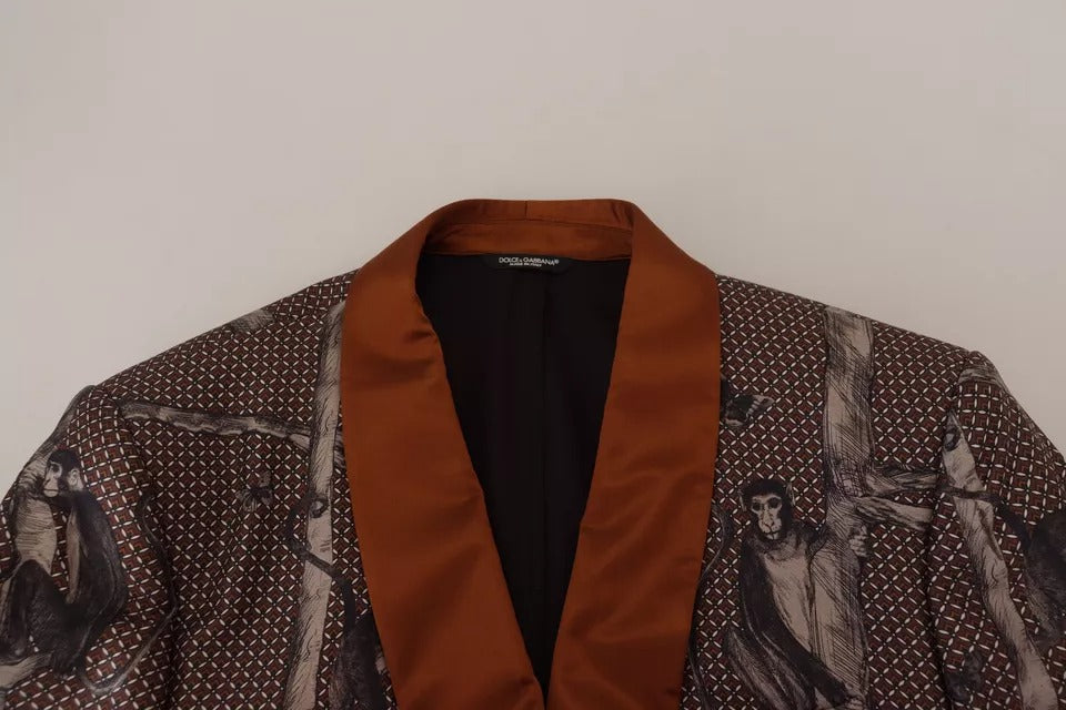New Dolce & Gabbana Bronze Monkey Print Silk Slim Jacket Blazer