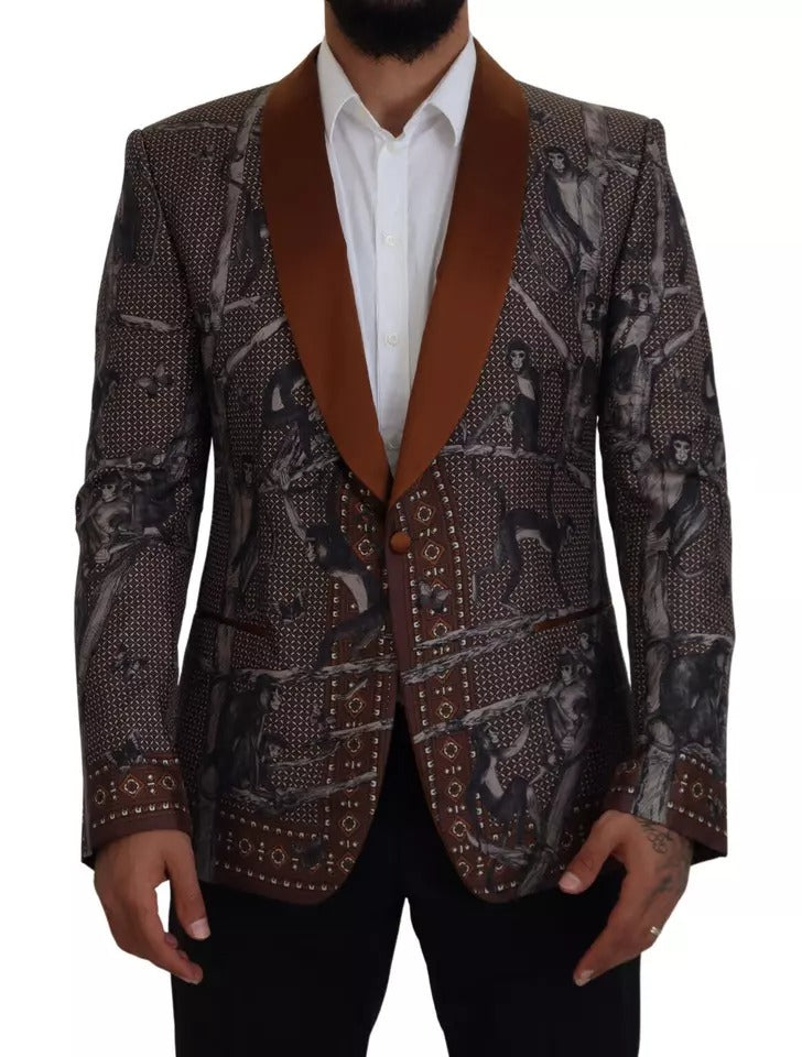New Dolce & Gabbana Bronze Monkey Print Silk Slim Jacket Blazer