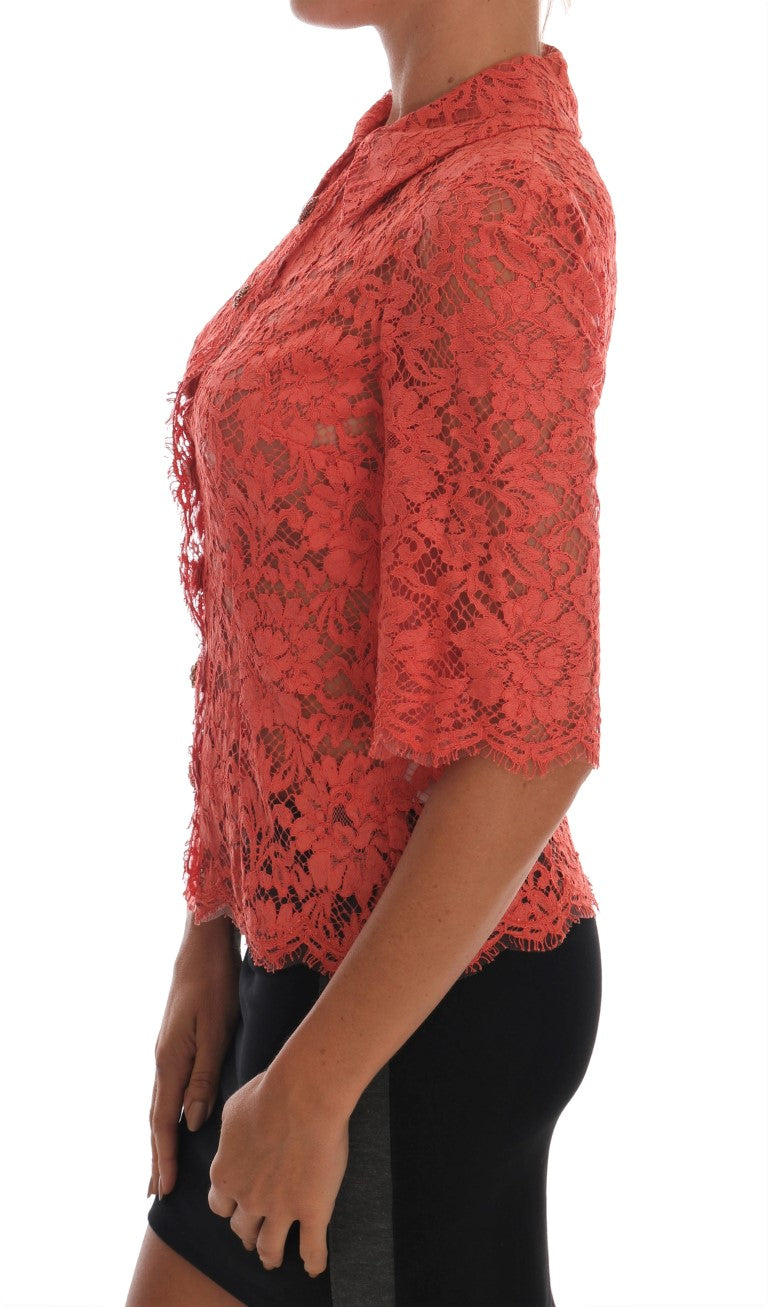 Dolce & Gabbana Orange Crystal Buttons Floral Lace Blouse - PreLoved & Luxe