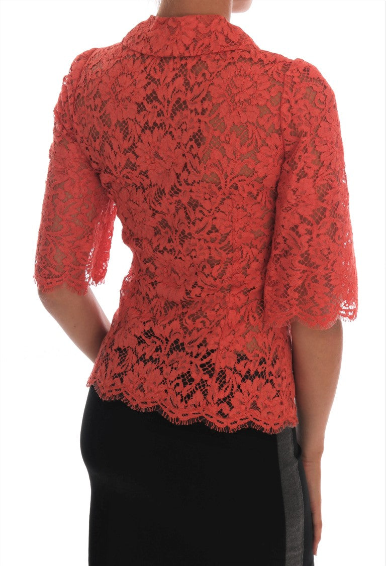 Dolce & Gabbana Orange Crystal Buttons Floral Lace Blouse - PreLoved & Luxe