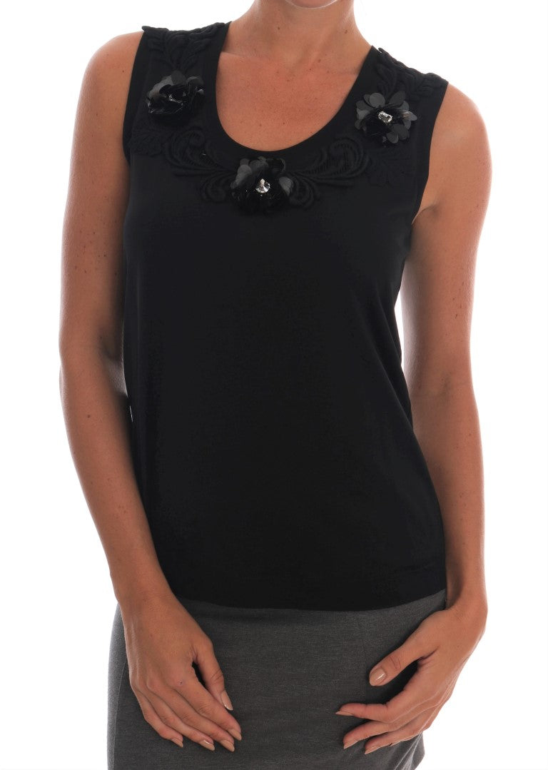 Dolce & Gabbana Black Cotton Floral Crystal Tank Top - PreLoved & Luxe
