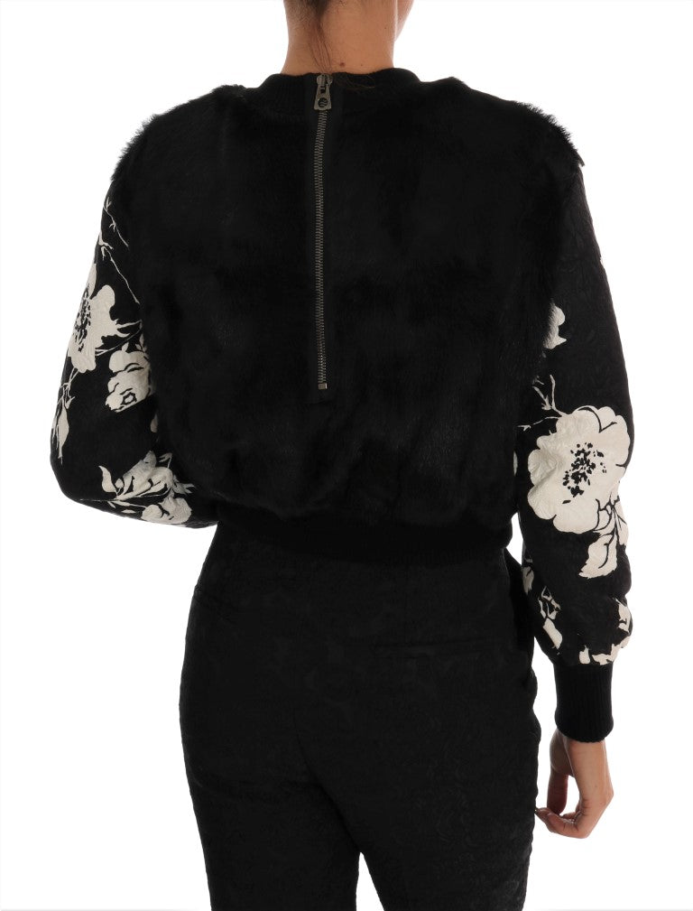 Dolce & Gabbana Black Fur Floral Brocade Zipper Sweater - PreLoved & Luxe
