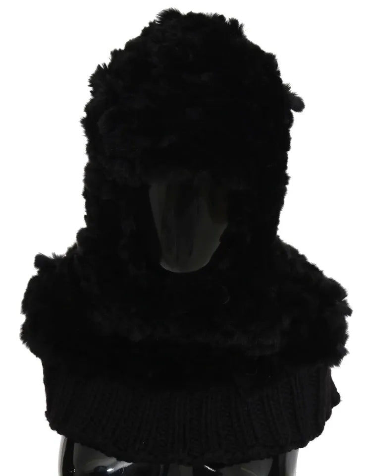 New Dolce & Gabbana Black Silver Fox Fur Cashmere Hooded Scarf