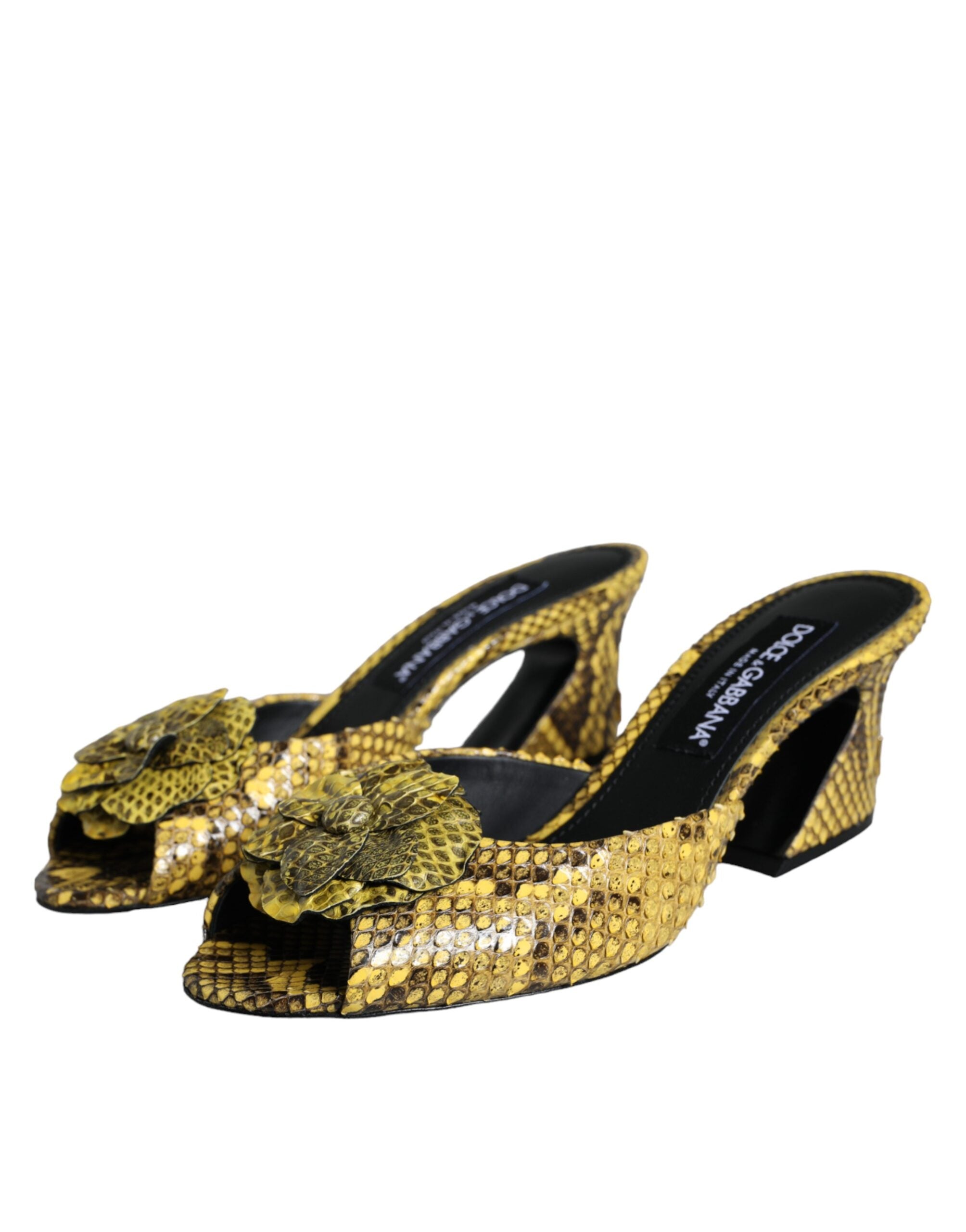 New Dolce & Gabbana Yellow Leather Block Heels Slides Shoes