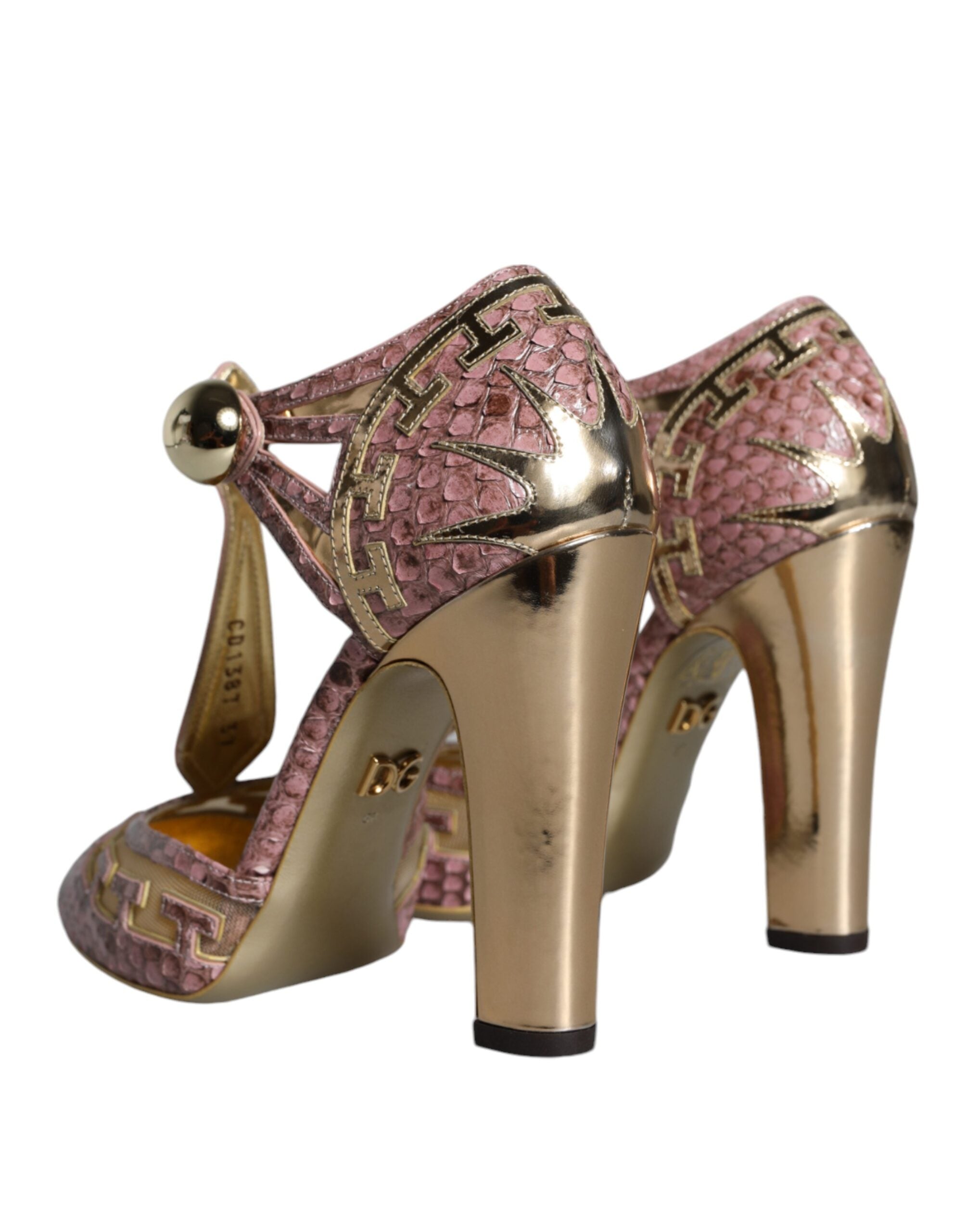 New Dolce & Gabbana Pink Gold Leather Pumps T-strap Sandals Shoes