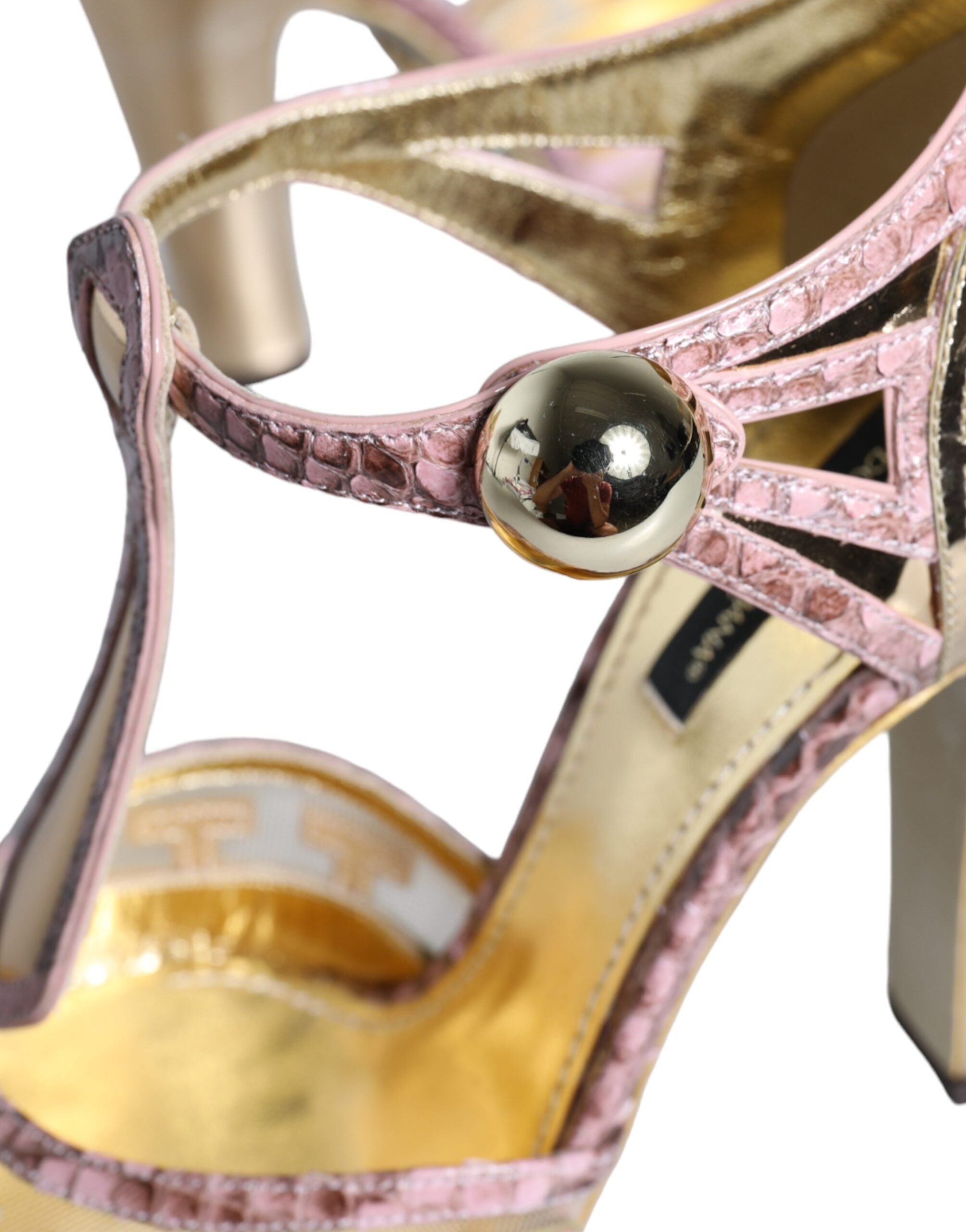 New Dolce & Gabbana Pink Gold Leather Pumps T-strap Sandals Shoes